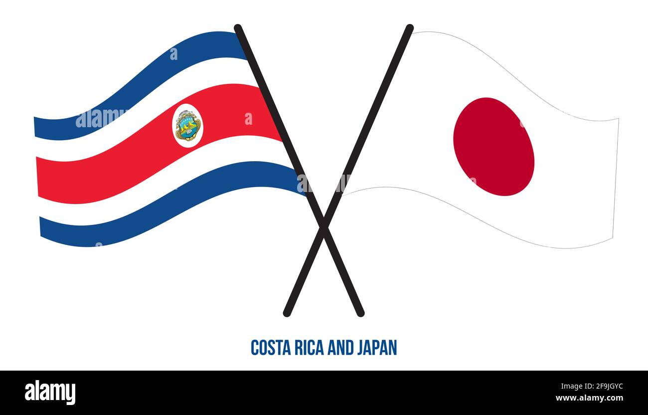 Costa Rica e Giappone Bandiere incrociate e ondeggianti stile piatto. Proporzione ufficiale. Colori corretti. Illustrazione Vettoriale