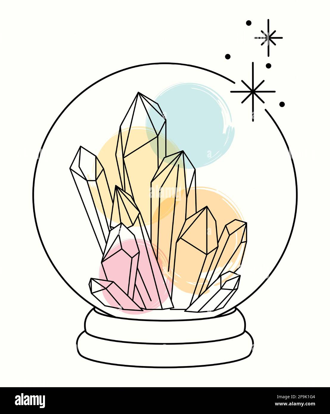 Linea d'arte con macchie acquerello guarigione cristalli magici in un sfera di cristallo Illustrazione Vettoriale