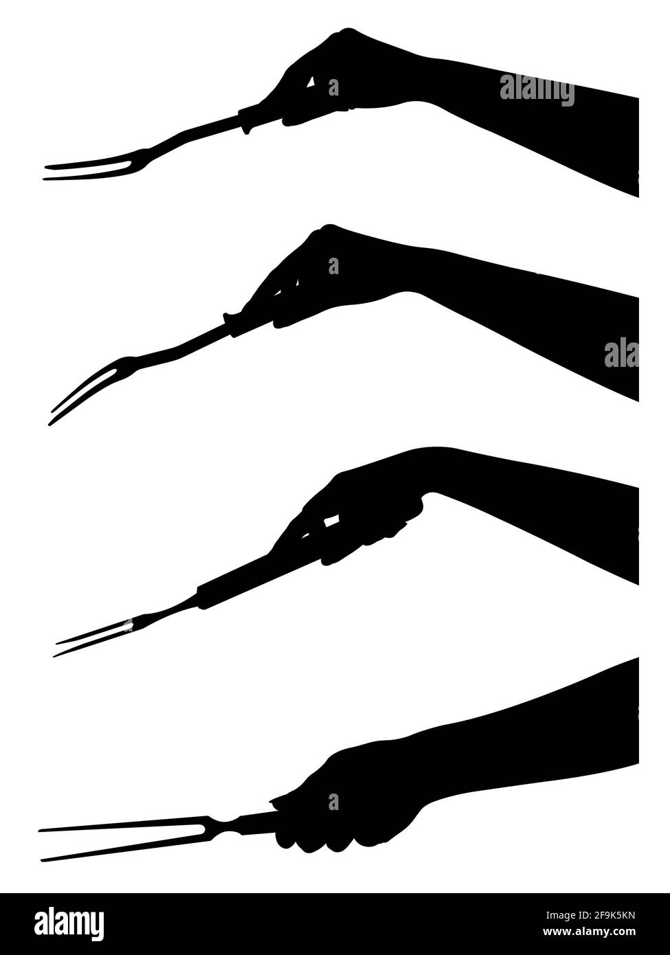 Raccolta di mani con forcelle diverse isolate su bianco Foto Stock