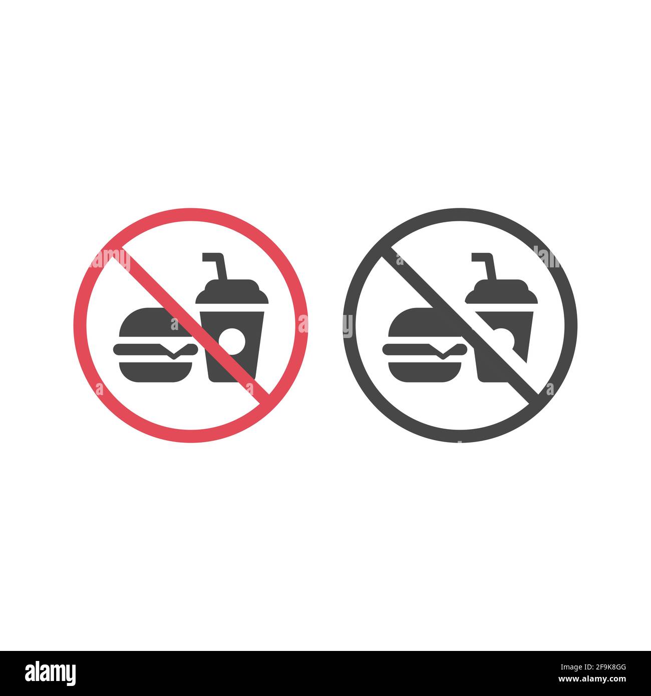 Nessun segno del vettore di divieto rosso del cibo. Portare cibo e bevande non ammessi icona con hamburger e soda. Illustrazione Vettoriale