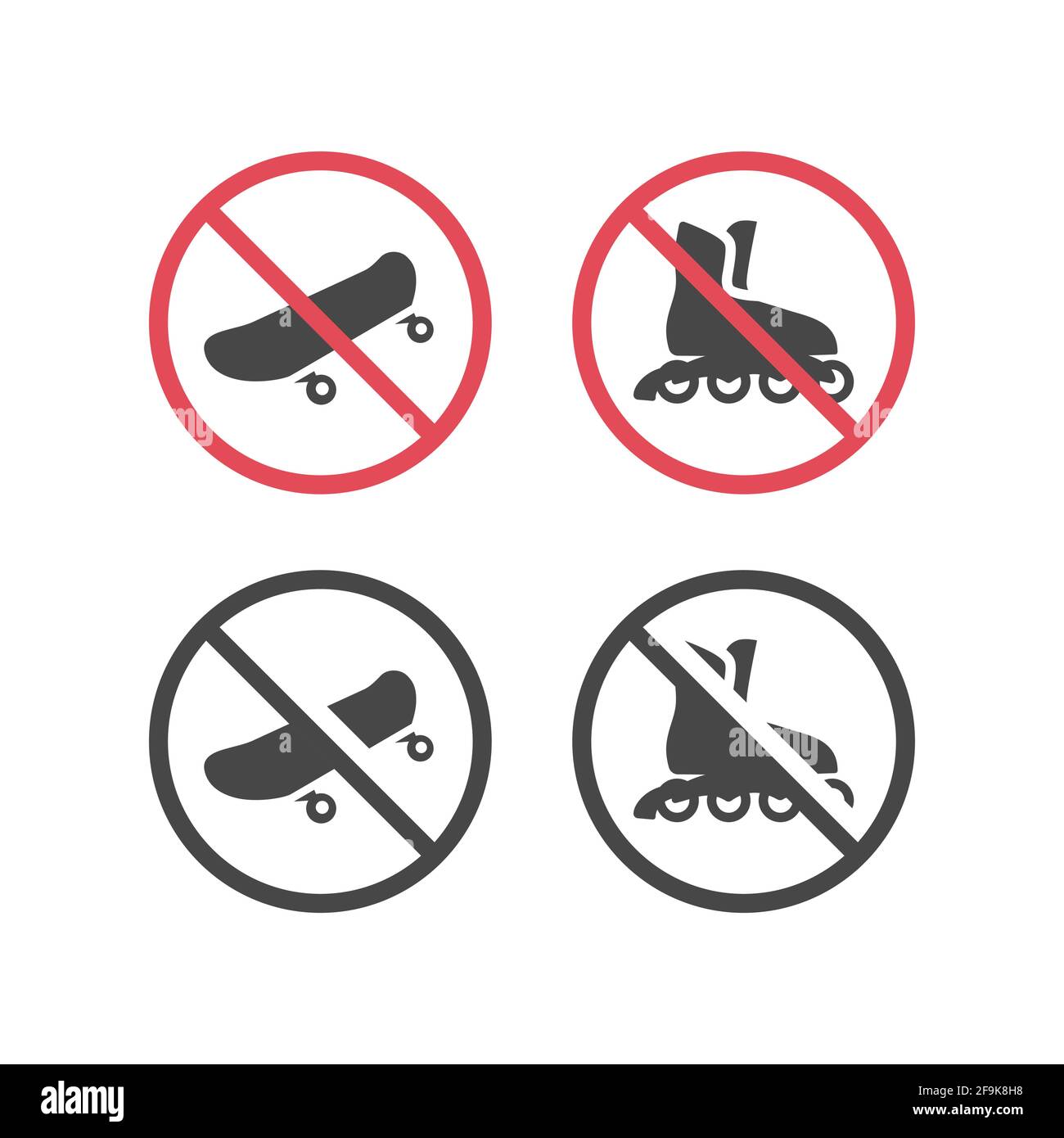 Nessun segnale vettoriale per pattini a rotelle e skateboard. Pattinaggio non consentito icona rossa di divieto. Illustrazione Vettoriale