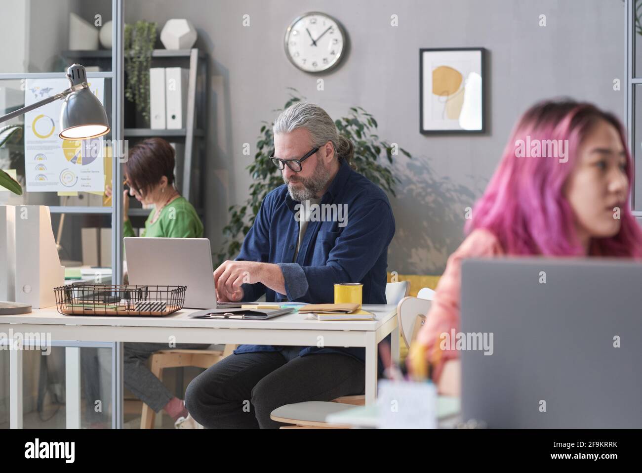 Uomo d'affari mature che siede al tavolo e che lavora portatile con altre persone che lavorano in ufficio Foto Stock