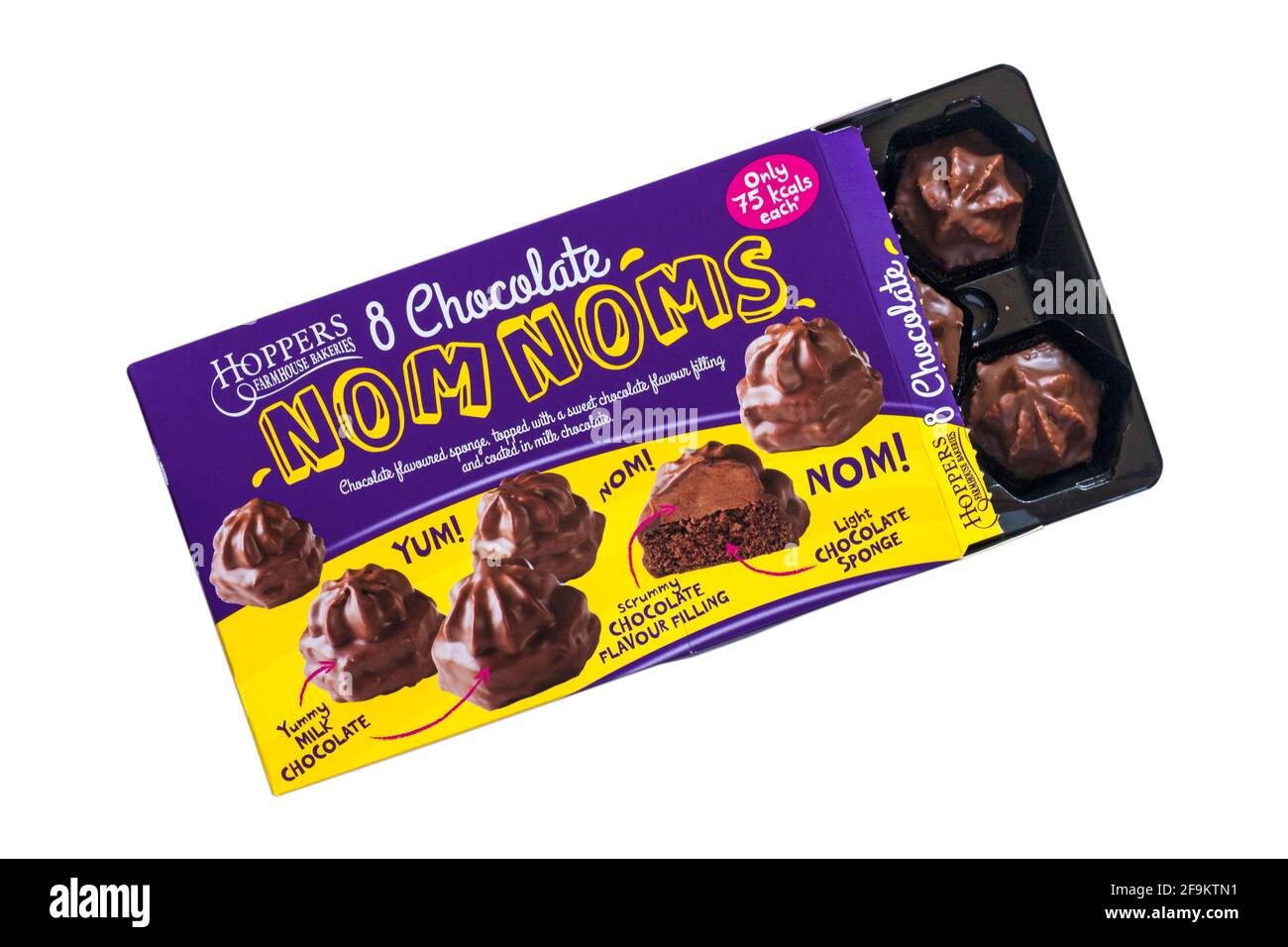 Hoppers Farmhouse Bakeries 8 Chocolate Nomnoms Nom noms torte aperte per mostrare contenuti isolati su sfondo bianco - solo 75 kcals ciascuno Foto Stock