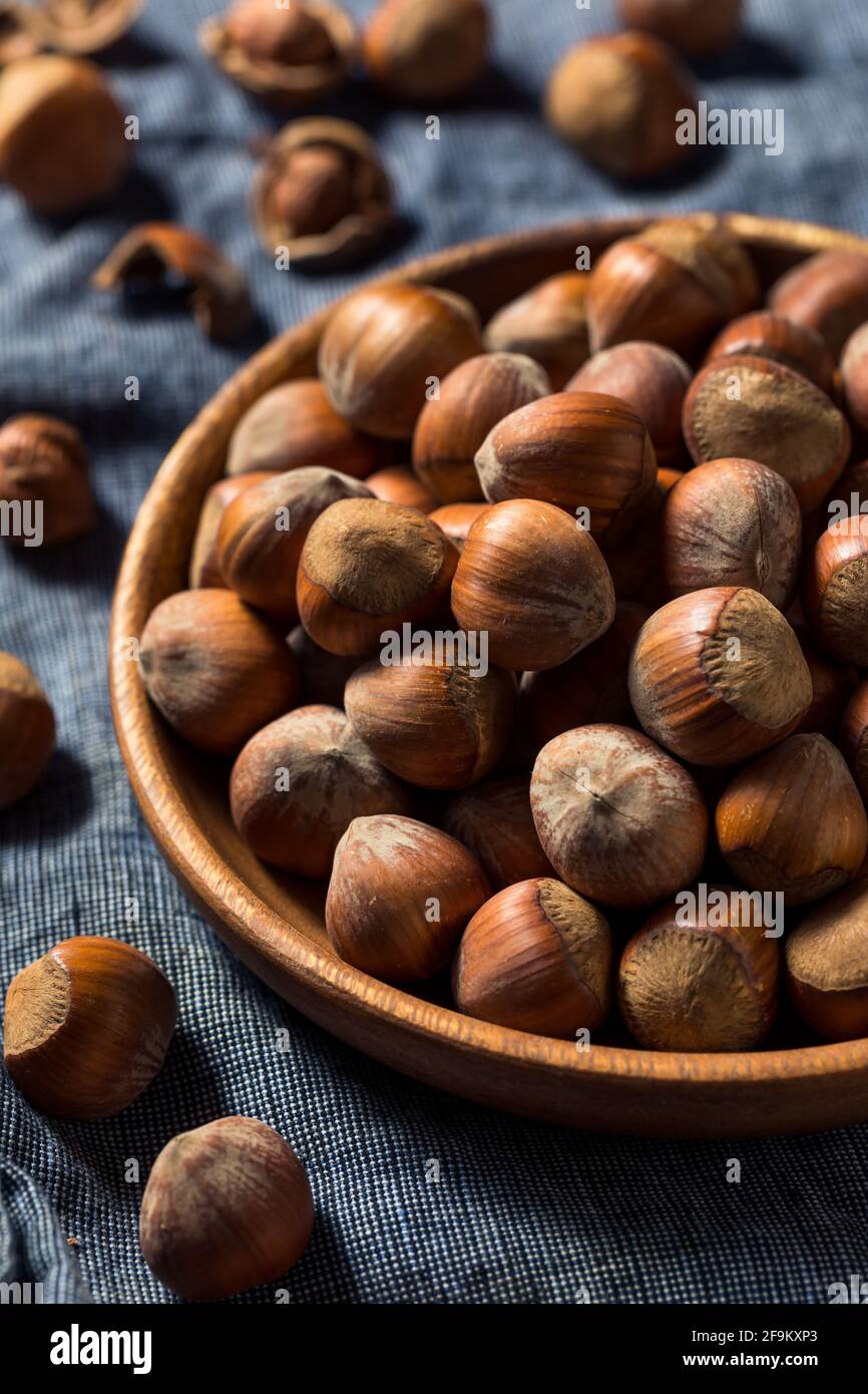 Nocciole grezze organiche senza guscio in una ciotola Foto Stock