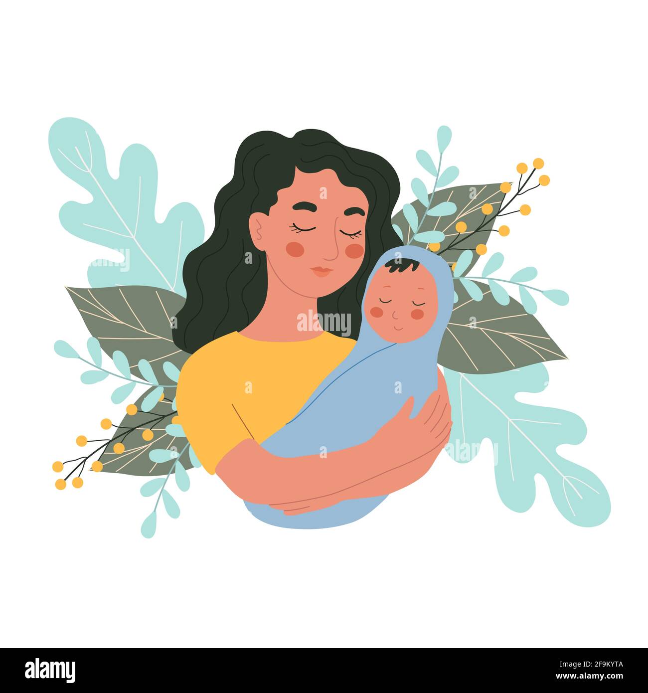 Donna che tiene un piccolo bambino tra le braccia, felice maternità, personaggi vettoriali in stile doodle, doodles colorati Illustrazione Vettoriale