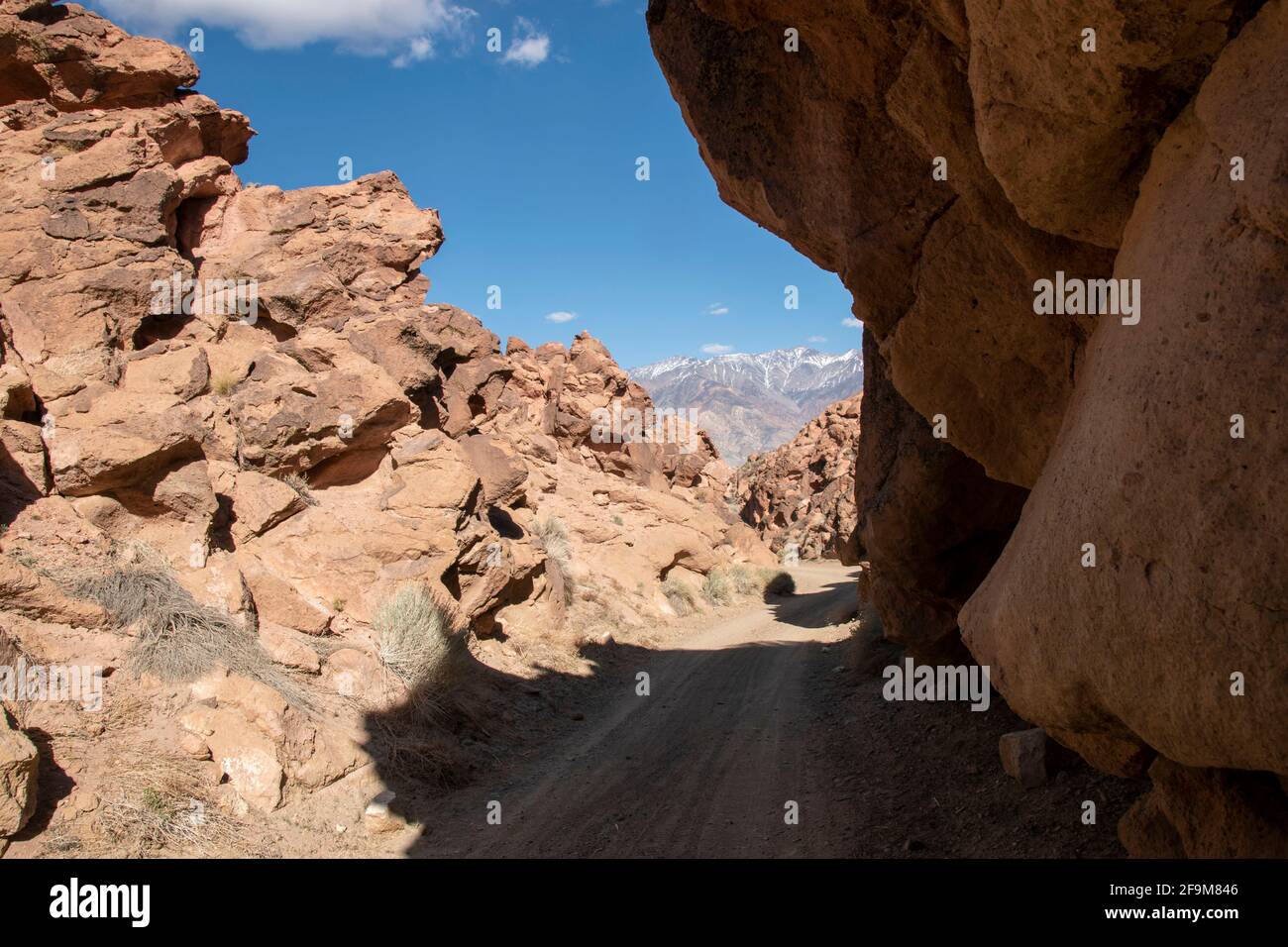 Il Chidago Canyon è un canyon vulcanico naturale della contea di Mono, California, USA, abbastanza largo da consentire il passaggio di un veicolo alla volta. Foto Stock