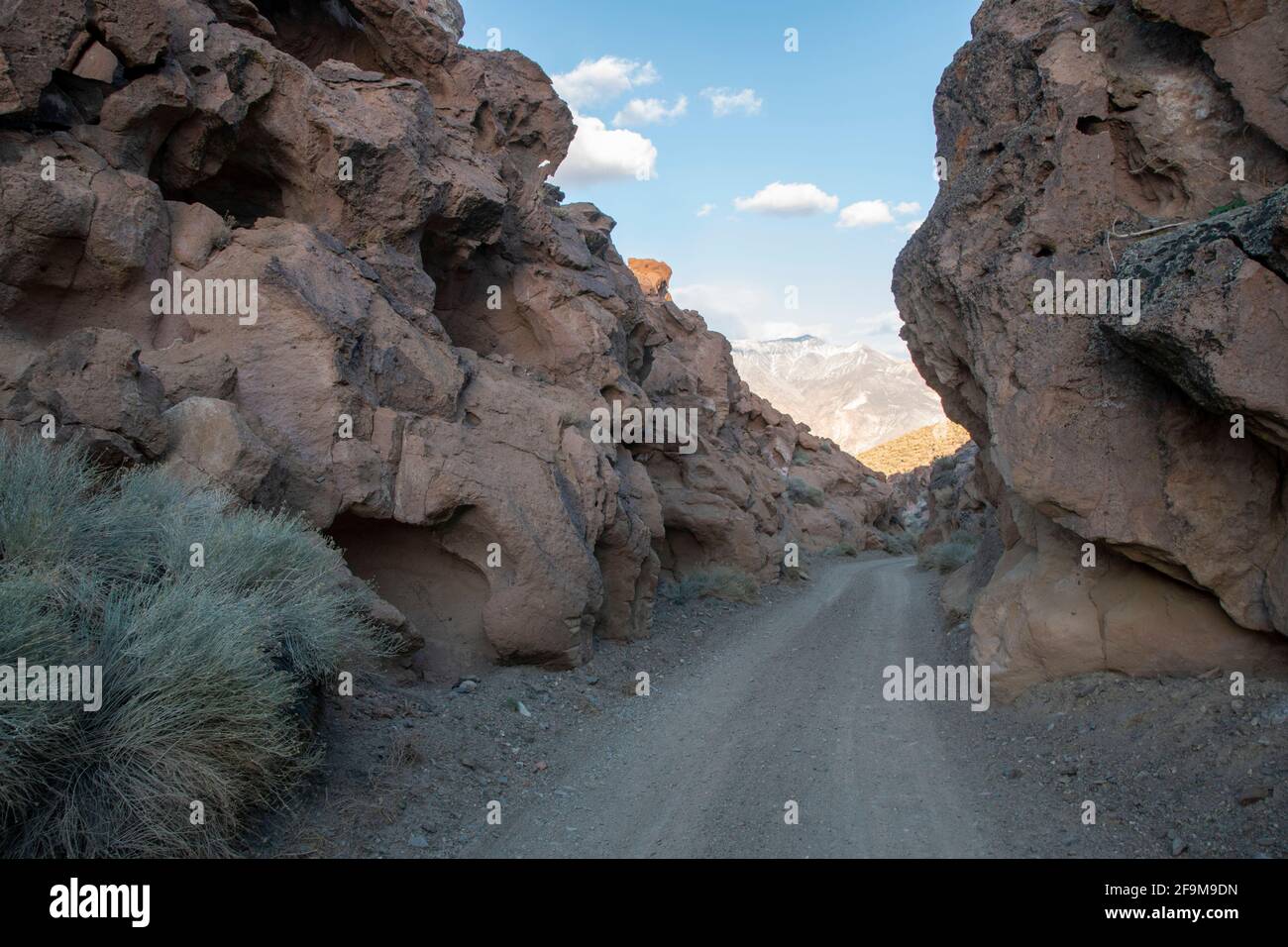 Il Chidago Canyon è un canyon vulcanico naturale della contea di Mono, California, USA, abbastanza largo da consentire il passaggio di un veicolo alla volta. Foto Stock