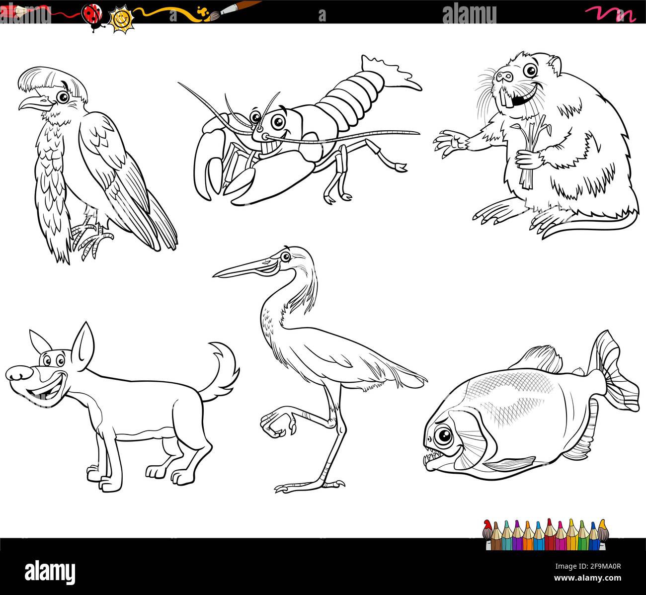Cartoni animati in bianco e nero che raffigura personaggi fumetti di animali selvatici imposta pagina libro da colorare Illustrazione Vettoriale
