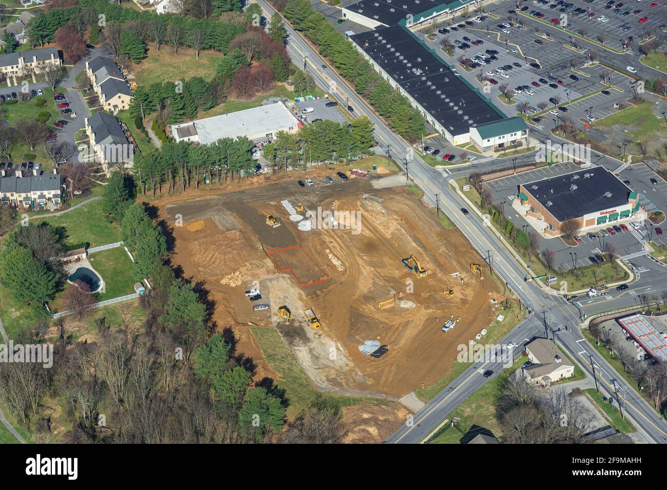 Veduta aerea del nuovo sito di costruzioni immobiliari commerciali, Pennsylvania, USA Foto Stock