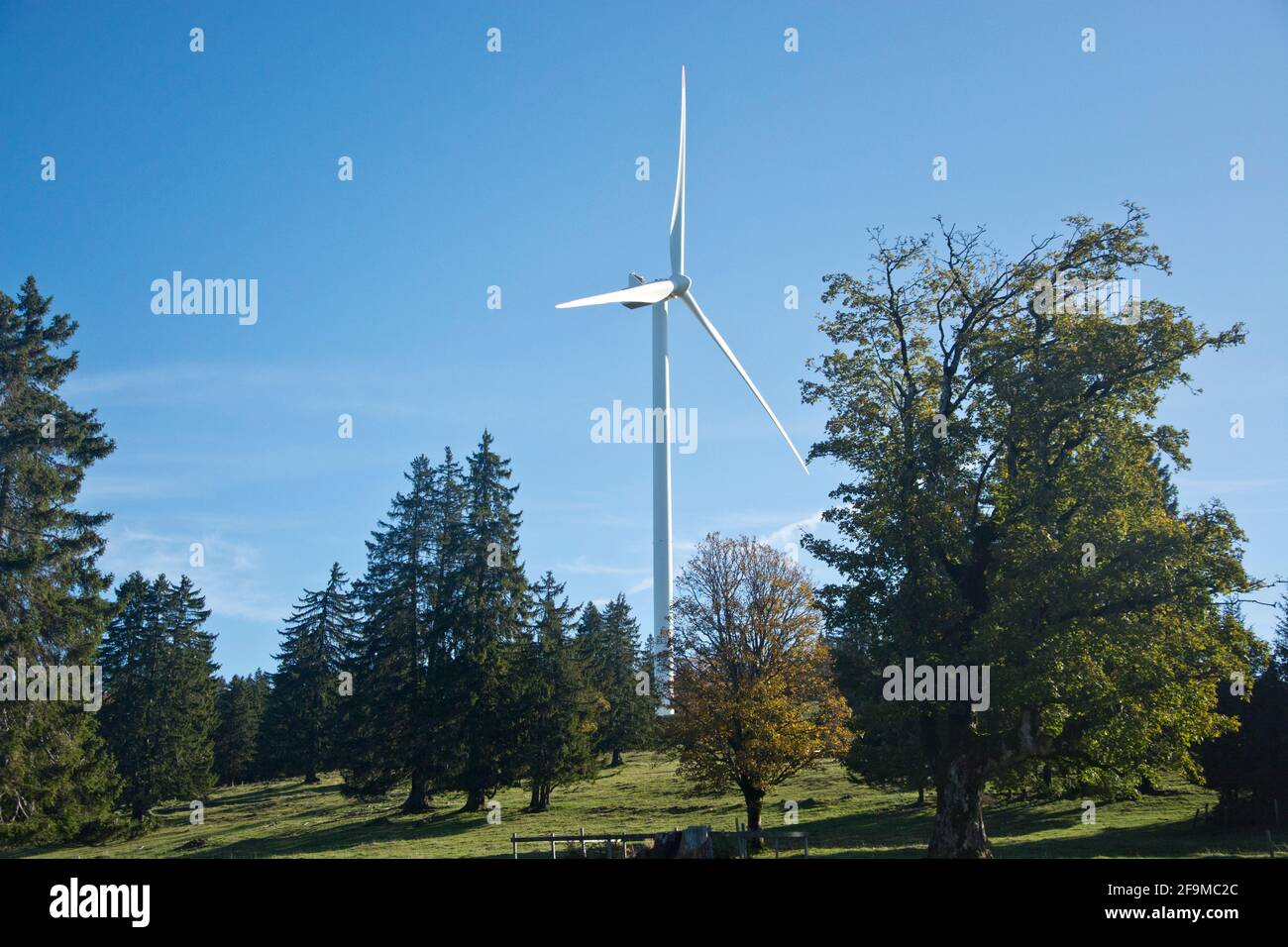Windräder auf dem Mont Soleil im Berner Jura Foto Stock