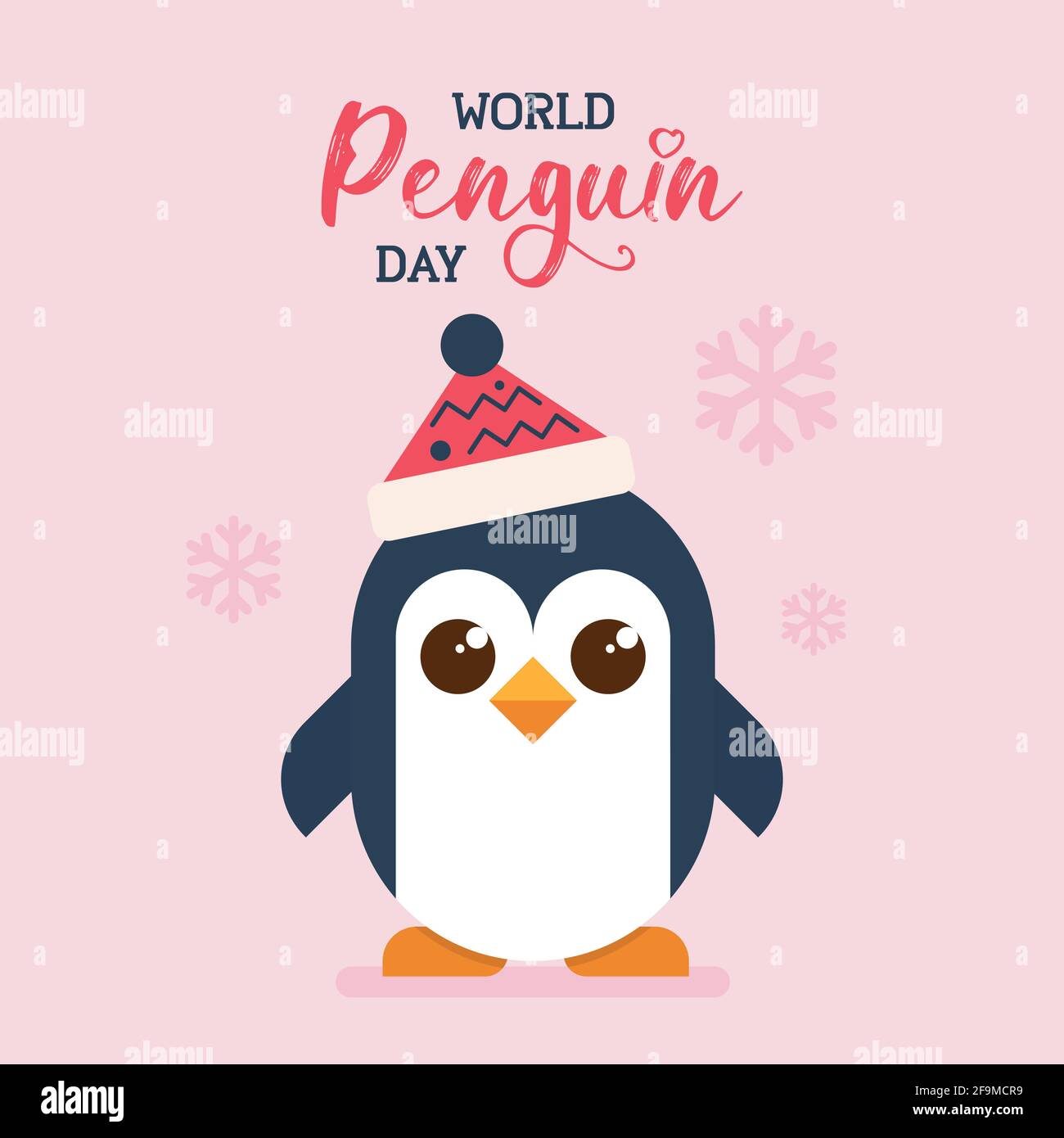 Poster del giorno dei pinguini del mondo, Natale giorno nevoso carino bambino pinguino piatto illustrazione vettore banner Illustrazione Vettoriale