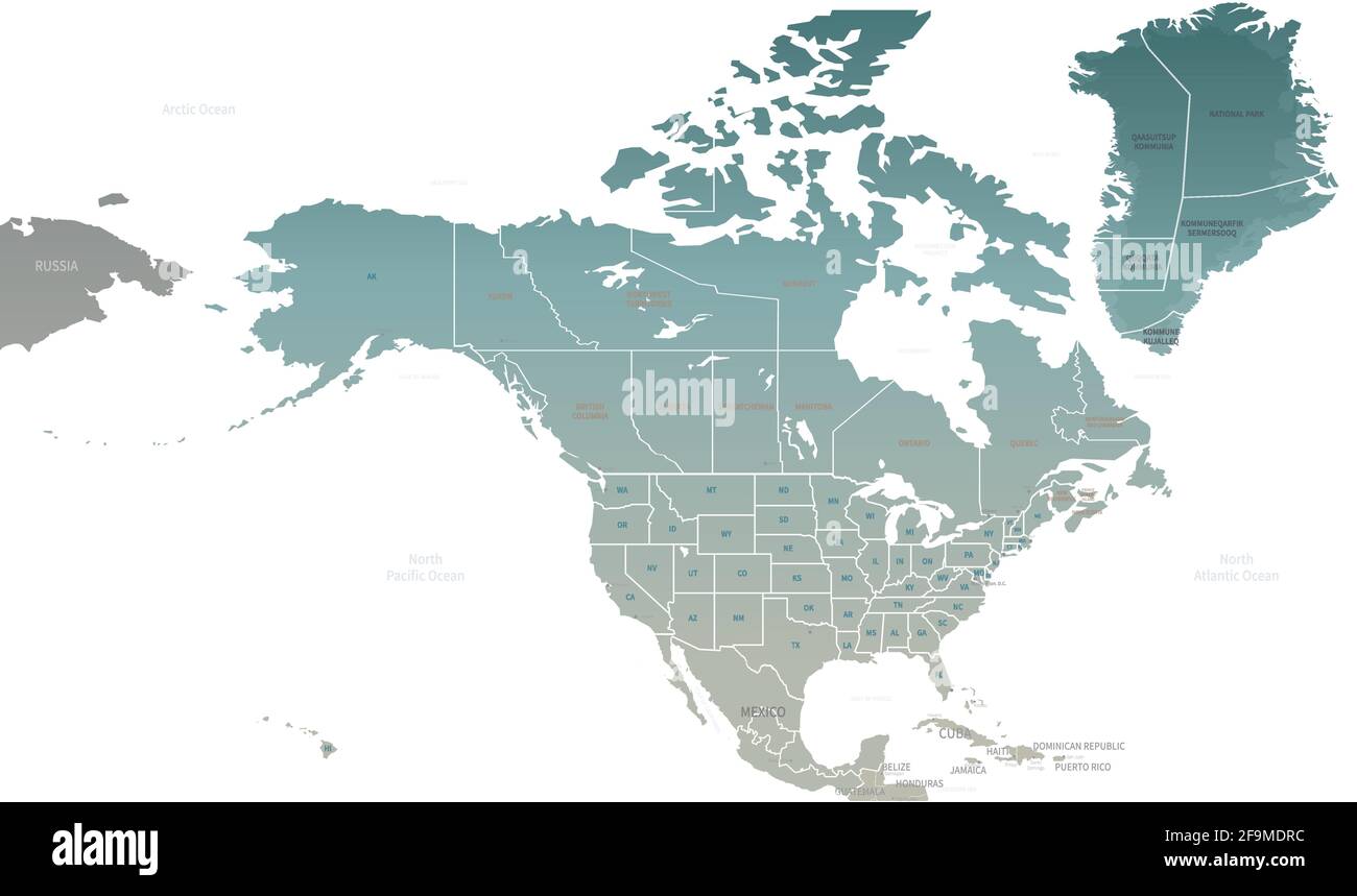 Mappa dei confini dei paesi del Nord America. Mappa vettoriale di Stati Uniti e Canada, Messico. Illustrazione Vettoriale