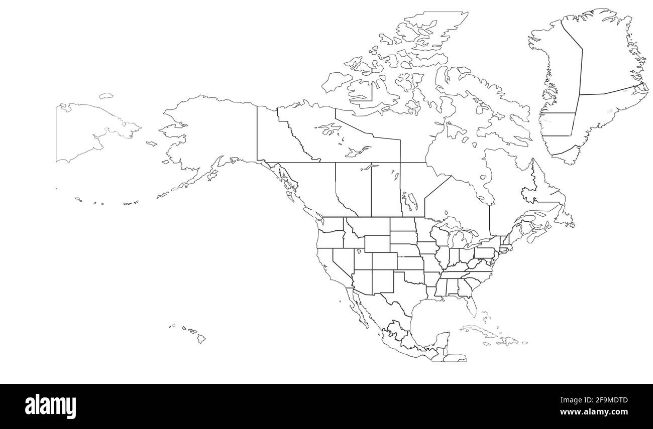 Mappa dei confini dei paesi del Nord America. Mappa vettoriale di Stati Uniti e Canada, Messico. Illustrazione Vettoriale