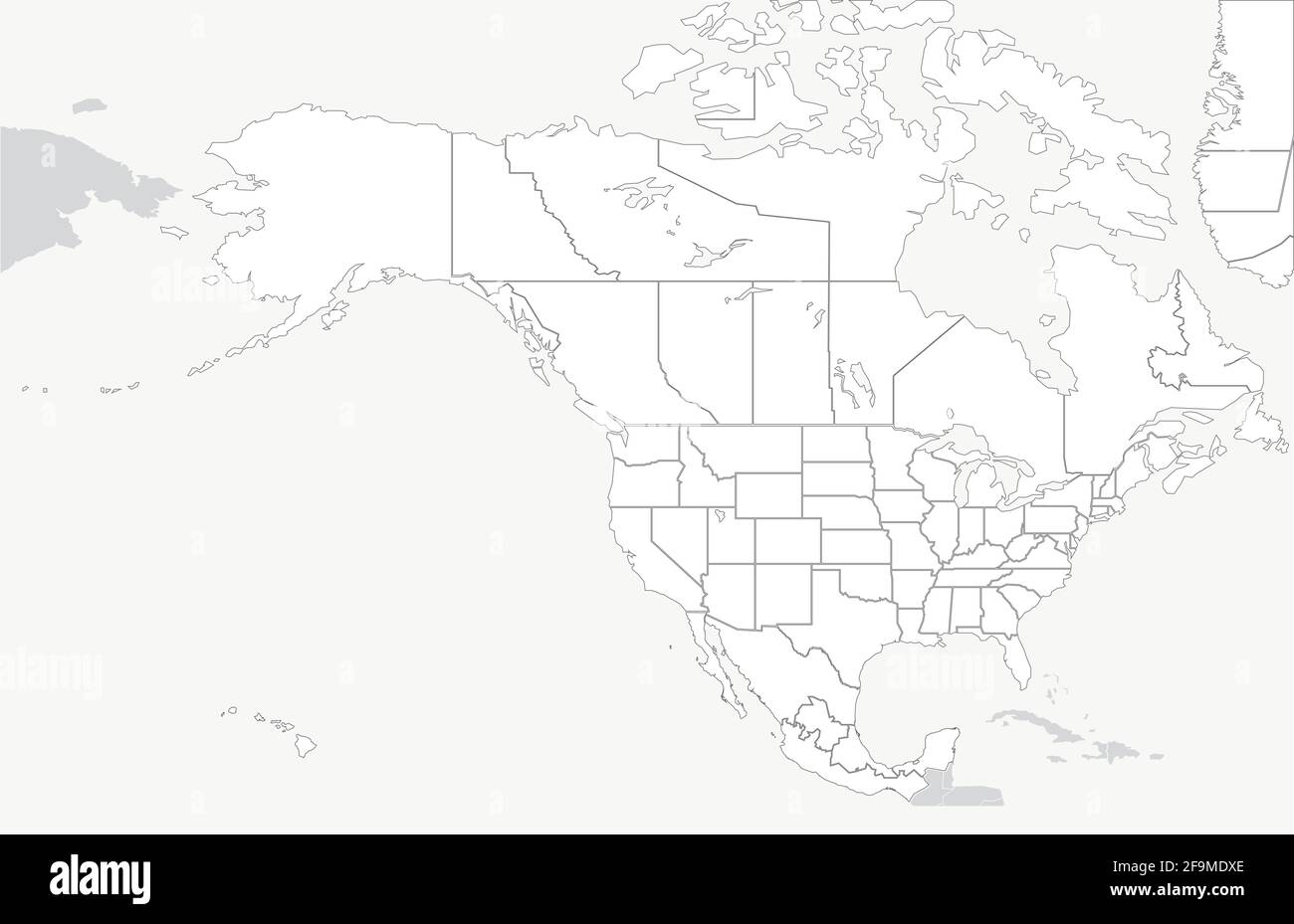 Mappa dei confini dei paesi del Nord America. Mappa vettoriale di Stati Uniti e Canada, Messico. Illustrazione Vettoriale