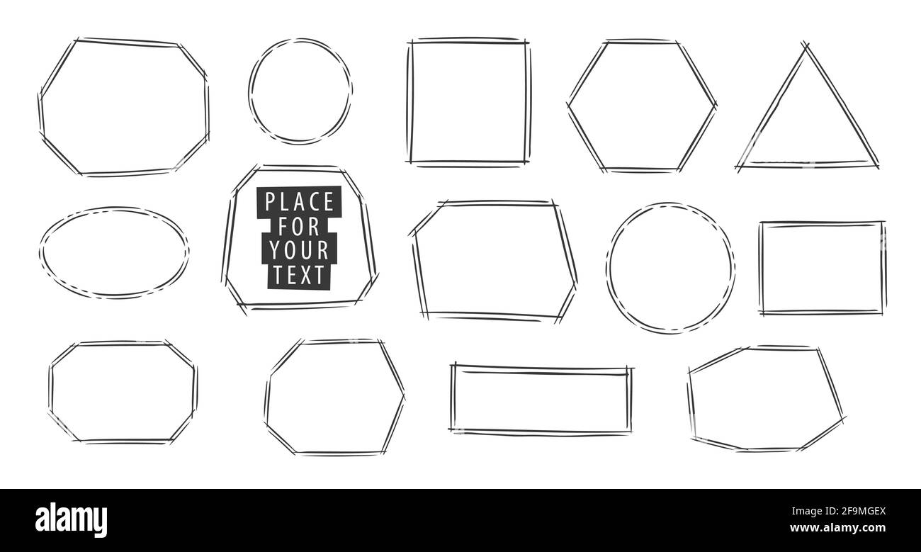 Set di cornici disegnate a mano isolate su sfondo bianco. Illustrazione vettoriale dello schizzo grafico lineare Illustrazione Vettoriale