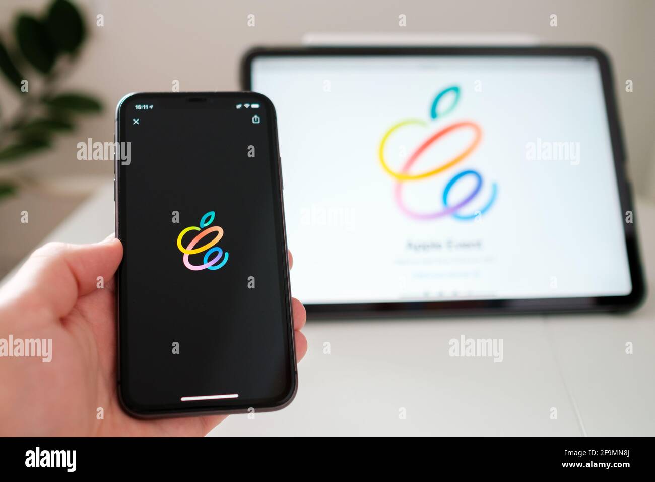 Apple Event 2021 sullo schermo di iPad Pro. STATI UNITI, San Francisco, aprile 2021. Foto Stock