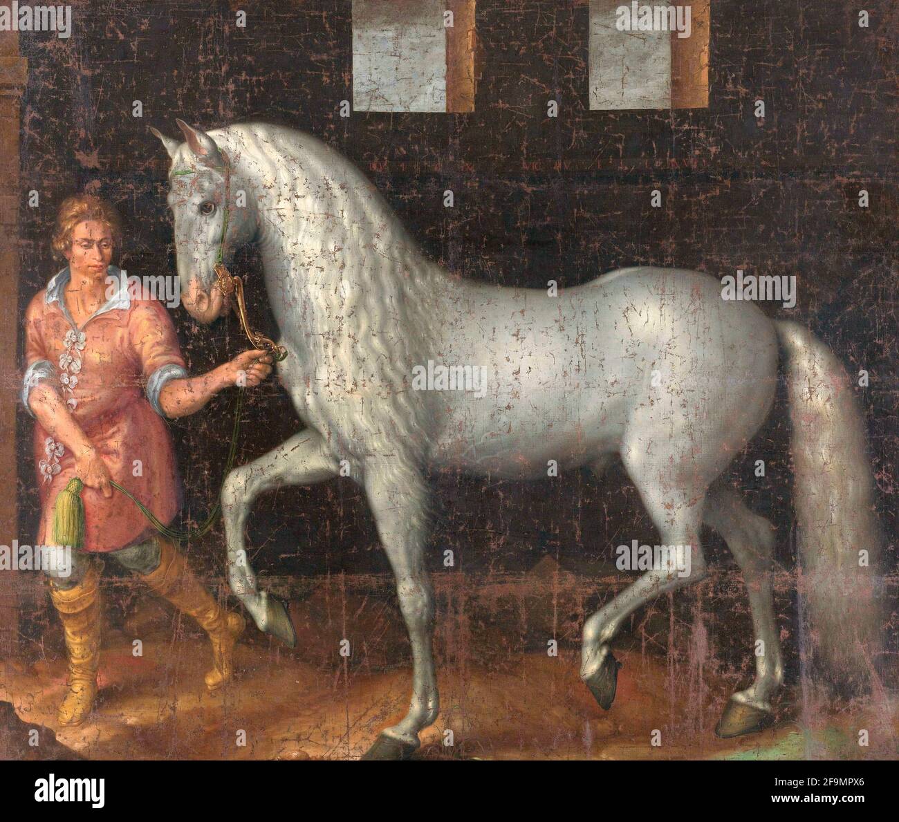 Cavallo di guerra spagnolo catturato nella battaglia di Nieuwpoort da Lodewijk Günther di Nassau-Siegen dall'arciduca Alberto d'Austria, dato a Stadtholder Maurice d'Orange - Jacob de Gheyn II, 1603 Foto Stock