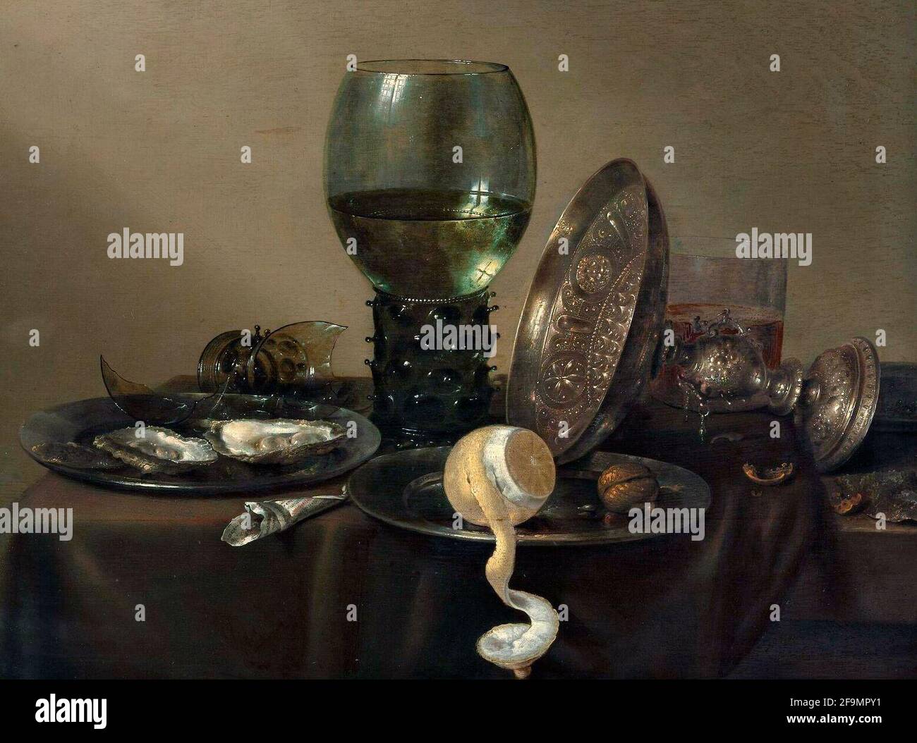 Ancora vita con ostriche, un rummer, un limone e una ciotola d'argento - Willem Claesz Heda, 1634 Foto Stock