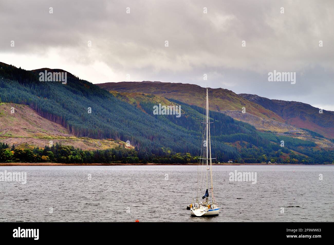 Shiel Bridge, Highlands, Scozia, Regno Unito. Una barca a vela solitaria si trova ancorata a Loch Duich tra le Highlands. Foto Stock