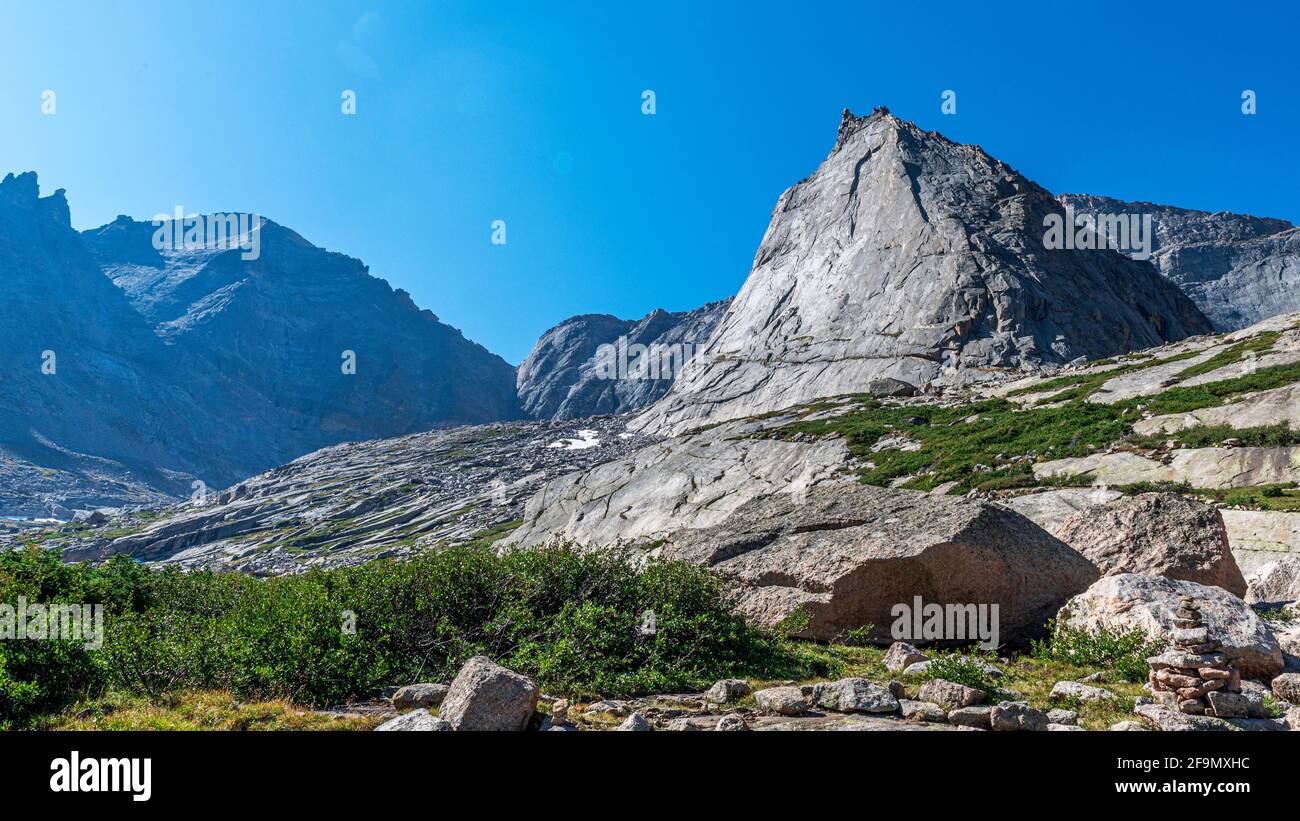 La Spearhead è una meta ambita per l'arrampicata nel Glacier Gorge del Rocky Mountain National Park Foto Stock