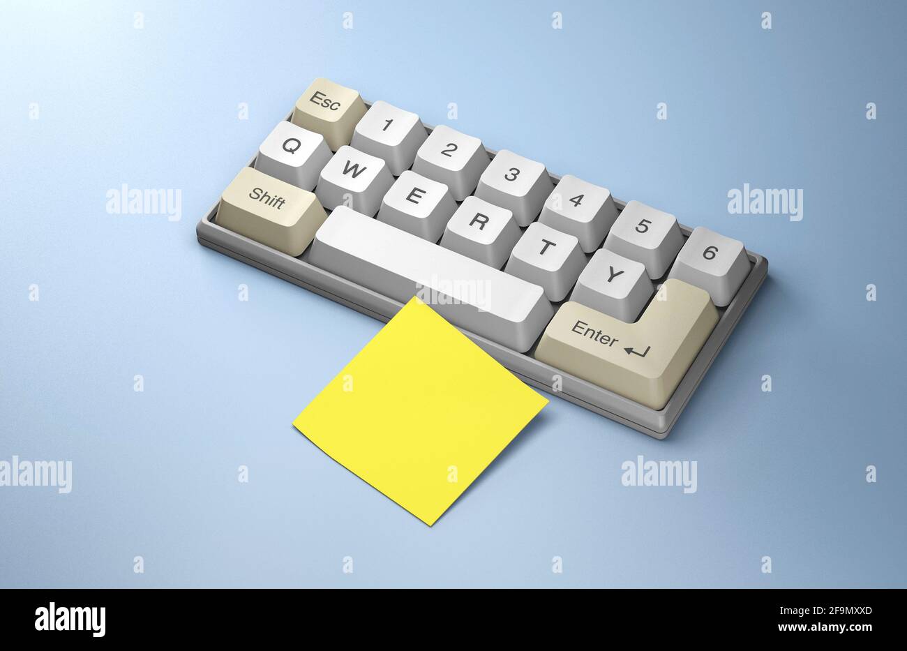 Tastiera con pulsanti QWERTY. Concetto di come creare una buona password. Adesivo giallo per ufficio, nota. rendering 3d. Foto Stock Tastiera con pulsanti QWERTY. Concetto di come creare una buona password. Adesivo giallo per ufficio, nota. rendering 3d. Foto Stock