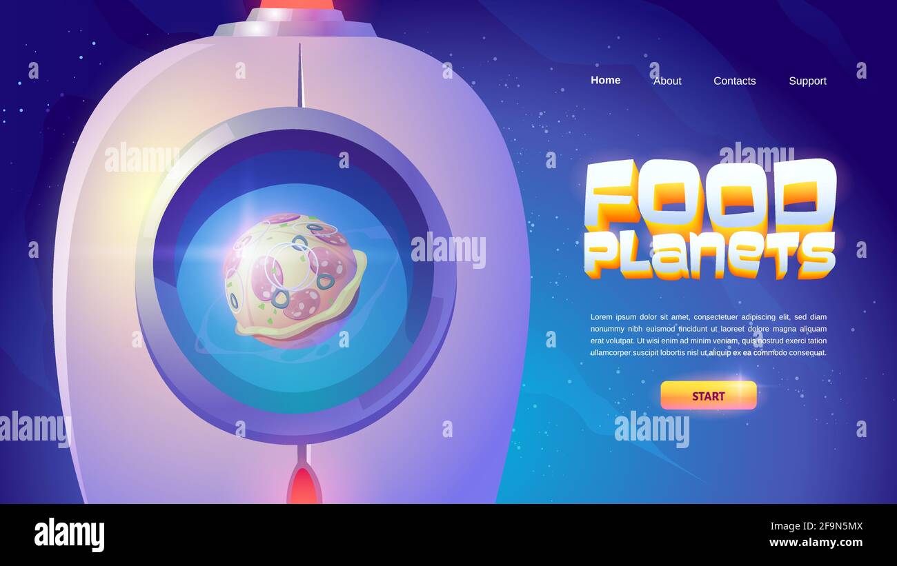 Food Planets sito web con astronave e sfera con modello pizza. Pagina di atterraggio vettoriale del gioco online con illustrazione cartoon dello spazio esterno con razzo e divertente pianeta alieno riflesso in oblò Illustrazione Vettoriale