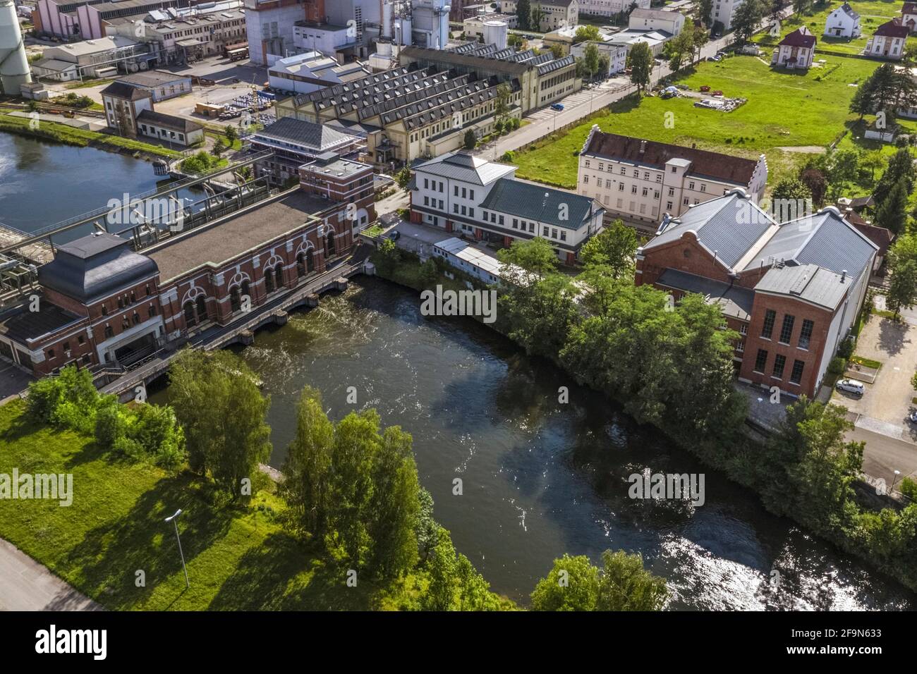 Vista aerea della centrale idroelettrica di Gersthofen sul Canale Lech Foto Stock