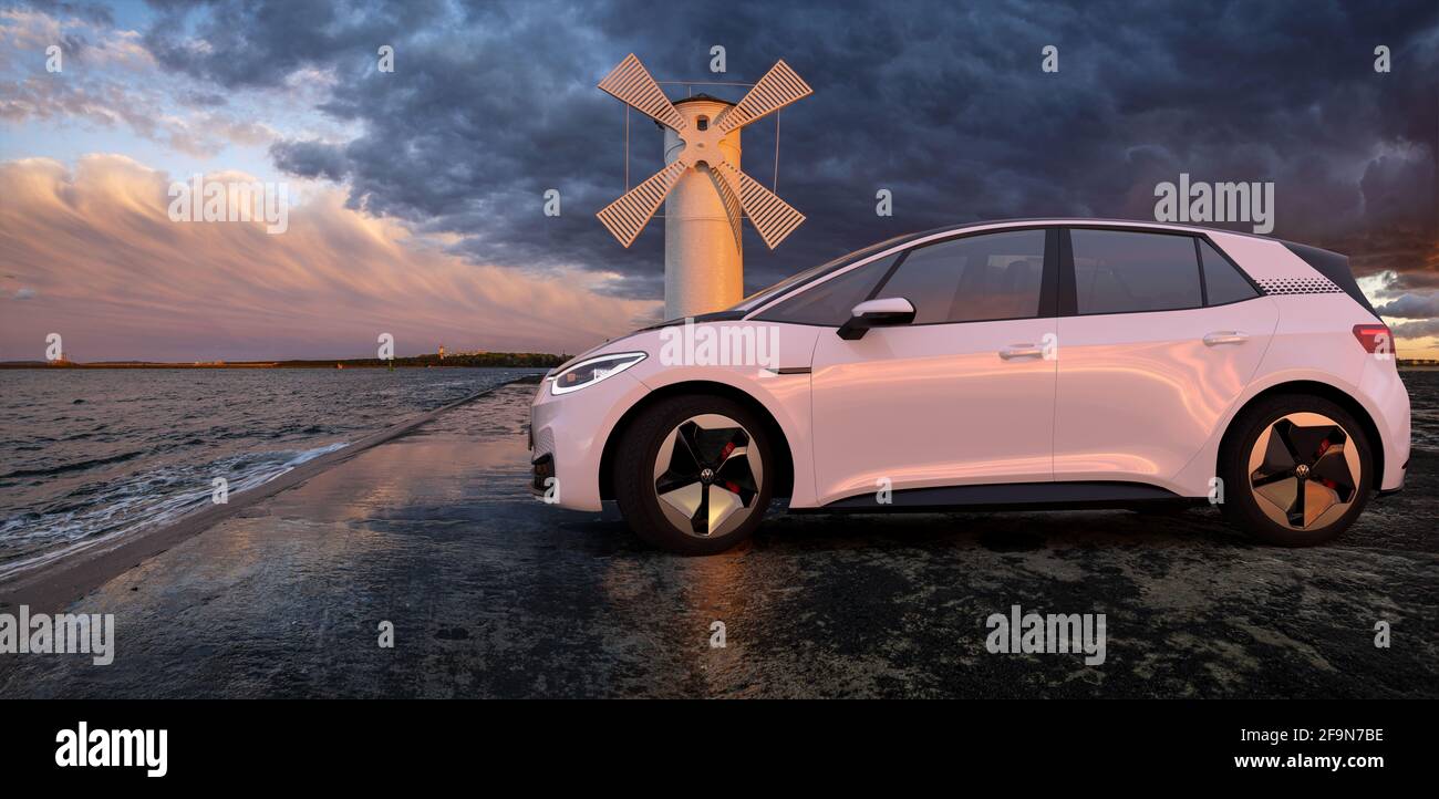 Volkswagen ID.3 auto elettrica compatta con un bellissimo paesaggio Foto Stock