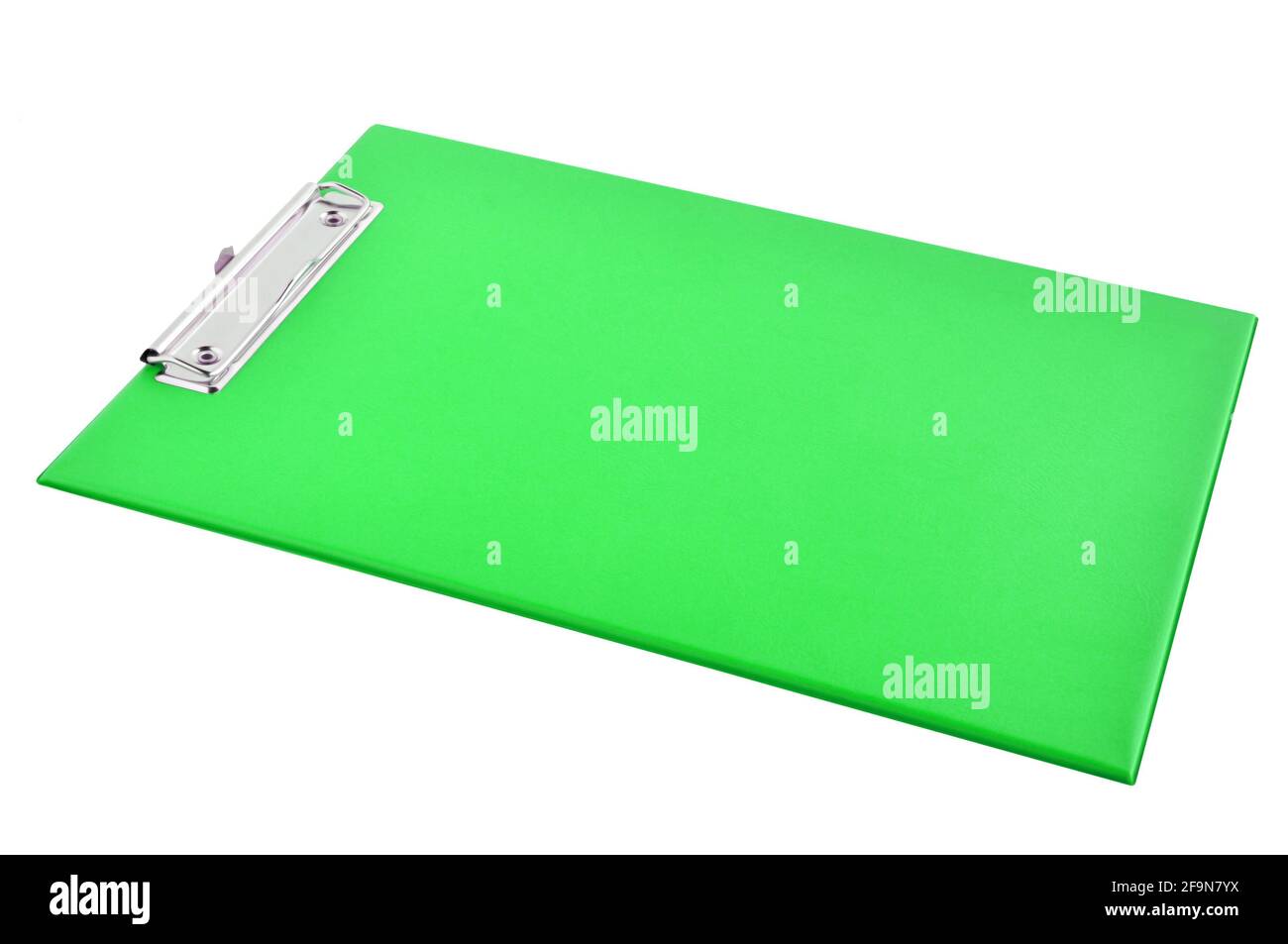 Appunti - gli appunti di plastica verdi o la scheda di scrittura sono isolati sfondo bianco Foto Stock
