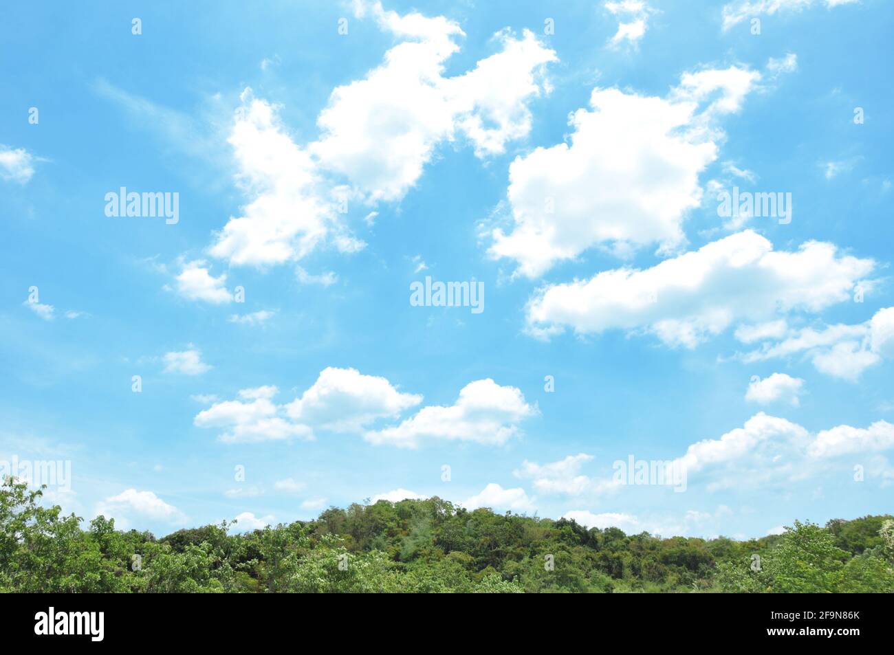 Cielo blu e nuvole sopra la collina verde Foto Stock