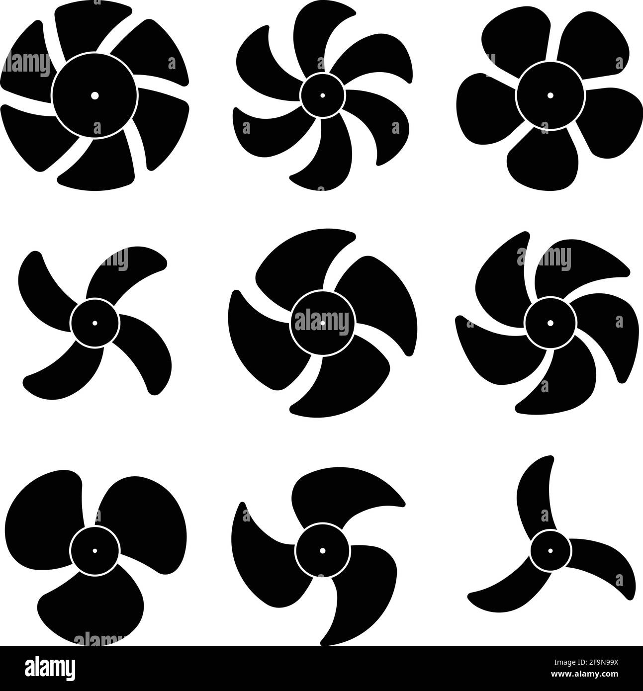 Set di icone delle pale della ventola. Parti di ricambio. Vettore silhouette Illustrazione Vettoriale