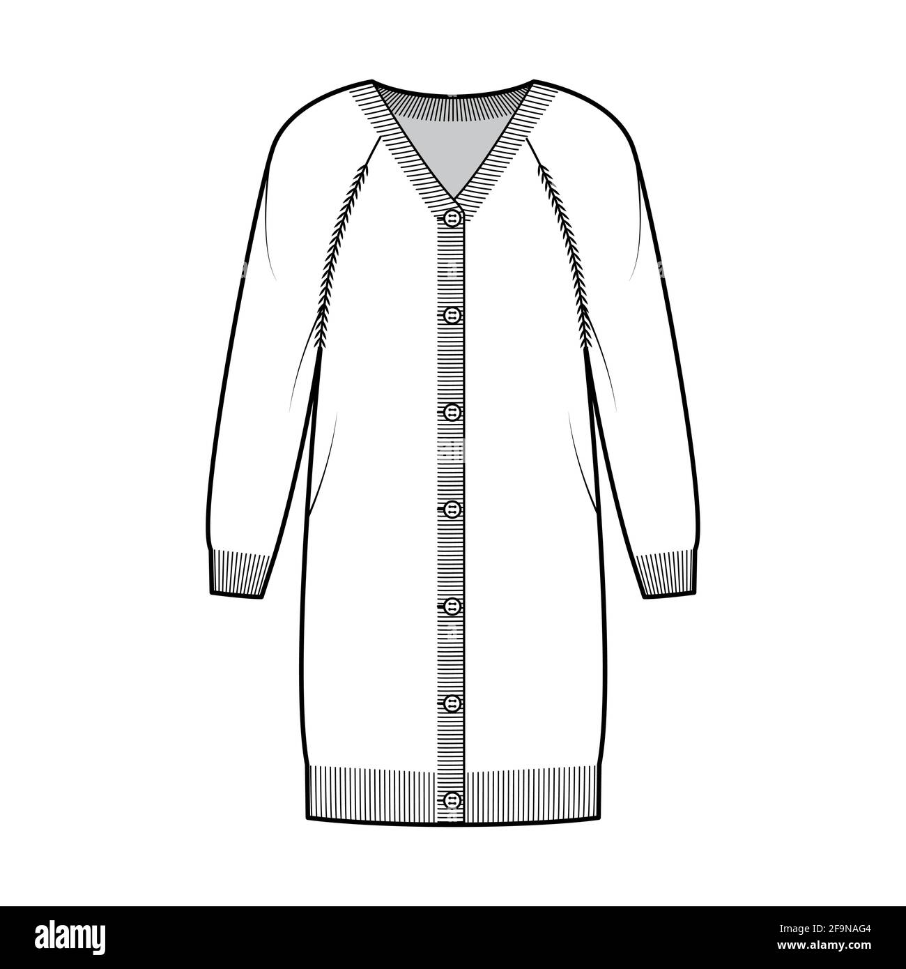 Abito Cardigan pullover illustrazione tecnica moda con costoletta V- collo, maniche lunghe raglan, chiusura bottoni, relax fit, rifinitura a maglia. Ponticello piatto davanti, colore bianco. Donne, uomini unisex CAD Illustrazione Vettoriale