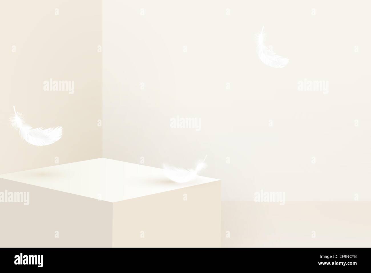 Palco 3D mockup con piume su sfondo beige per esposizione cosmetica e prodotti, illustrazione vettoriale Illustrazione Vettoriale