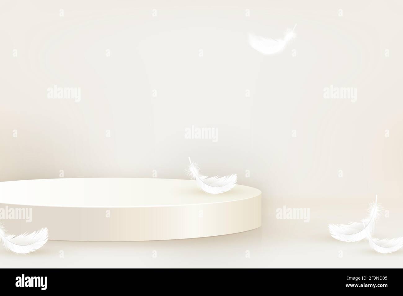 Palco 3D a forma rotonda, mockup con piume su sfondo beige per l'esposizione di prodotti e cosmetici, illustrazione vettoriale Illustrazione Vettoriale