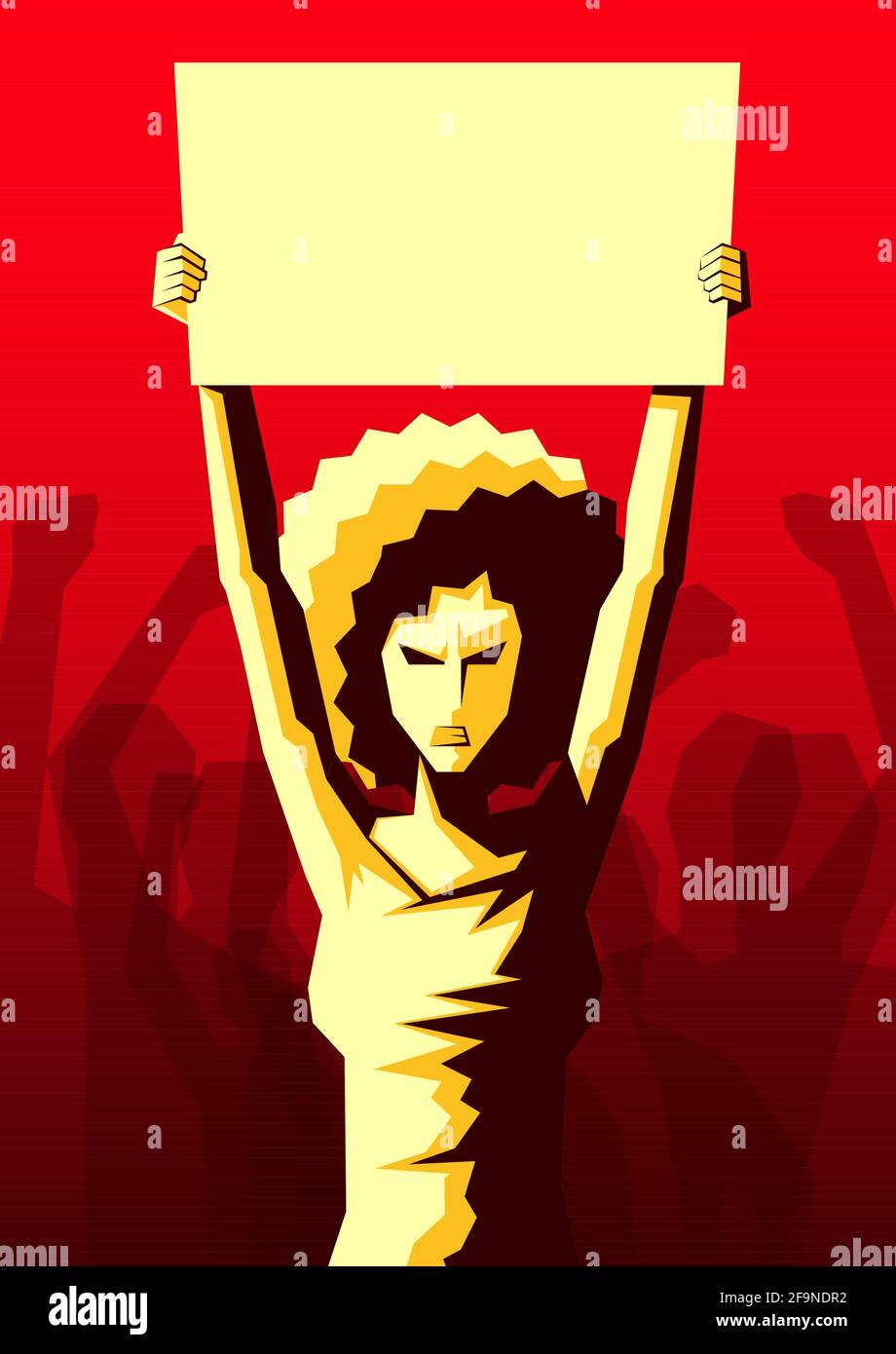 Donna arrabbiata con acconciatura afro sollevata su placard con spazio di copia, e silhouette di folla di mani di persone sollevate nell'aria sullo sfondo Illustrazione Vettoriale