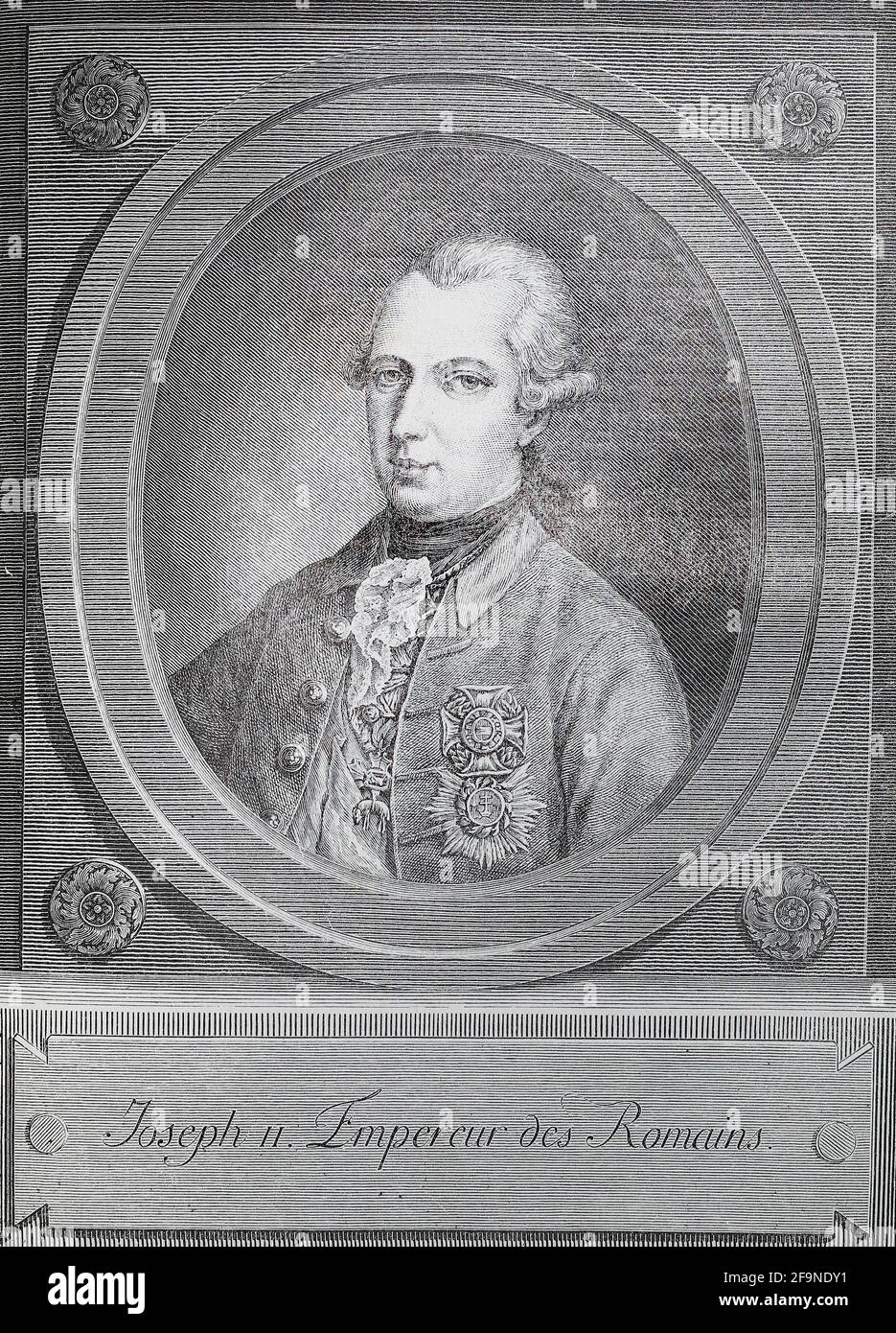 Imperatore Giuseppe II. Incisione 1777. Giuseppe II fu Sacro Romano Imperatore dall'agosto 1765 e unico regnante delle terre asburgiche dal novembre 1780 fino alla sua morte. Foto Stock