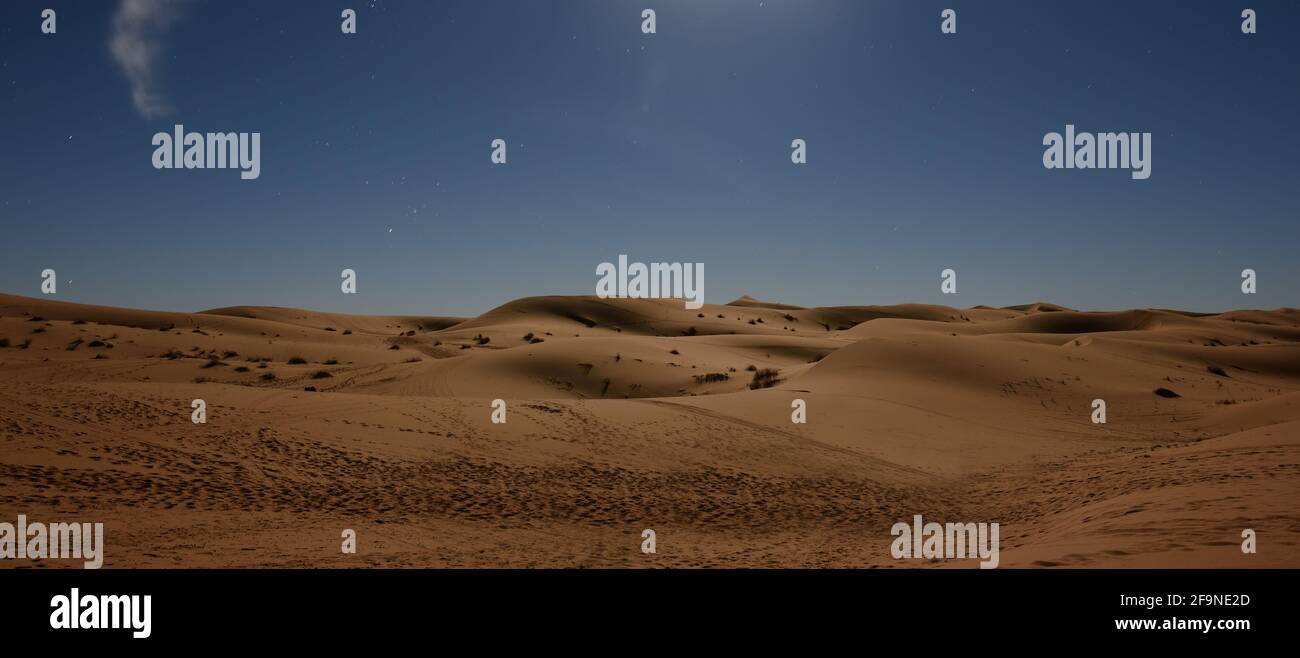 Dune di sabbia nel deserto del Sahara durante la notte sotto un cielo stellato. Cielo blu con un sacco di stelle vicino a Merzouga, Marocco. Foto Stock