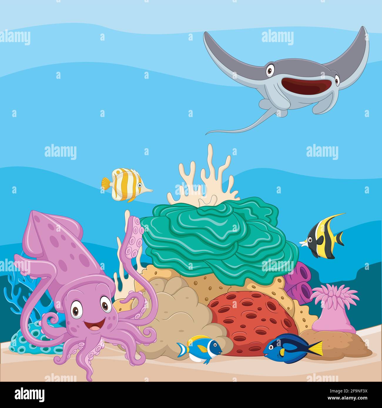 Fumetto di pesce tropicale e bellissimo mondo sottomarino con i coralli Illustrazione Vettoriale