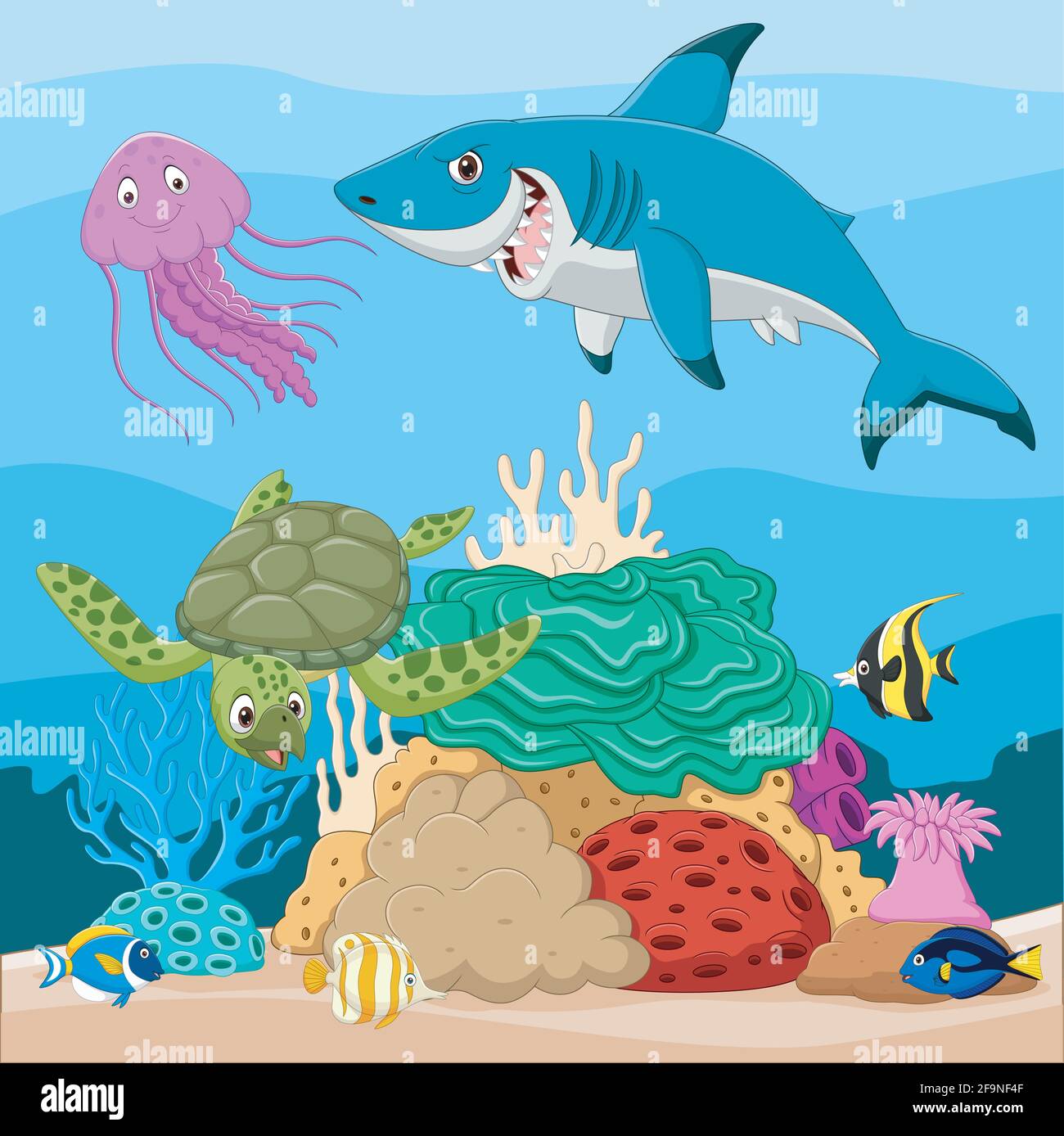 Fumetto di pesce tropicale e bellissimo mondo sottomarino con i coralli Illustrazione Vettoriale