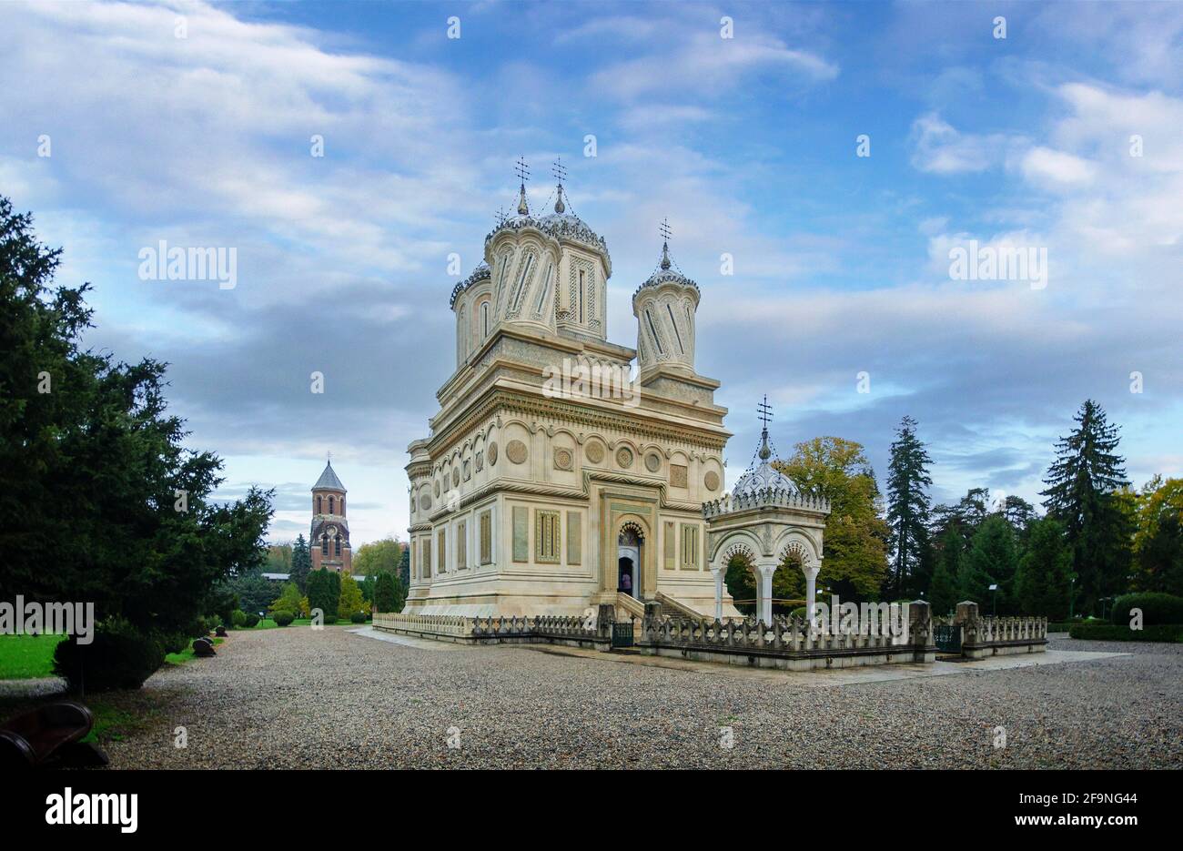 Monastero di Curtea de Arges - capolavoro di architettura bizantina in Romania. E' un punto di riferimento in Wallachia, Romania medievale. Foto Stock