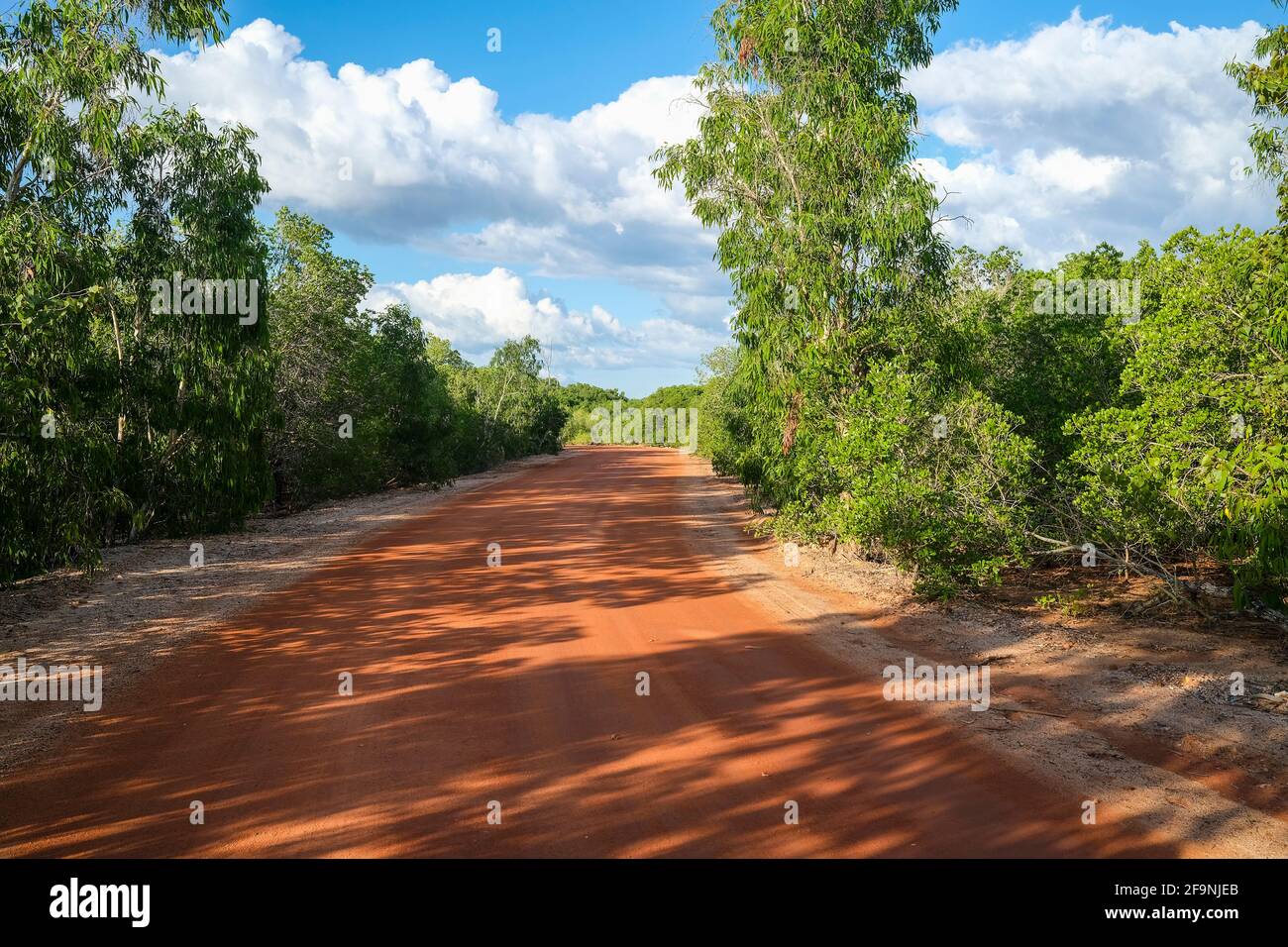 Strada sterrata rossa nel territorio australiano del Nord, in Australia Foto Stock