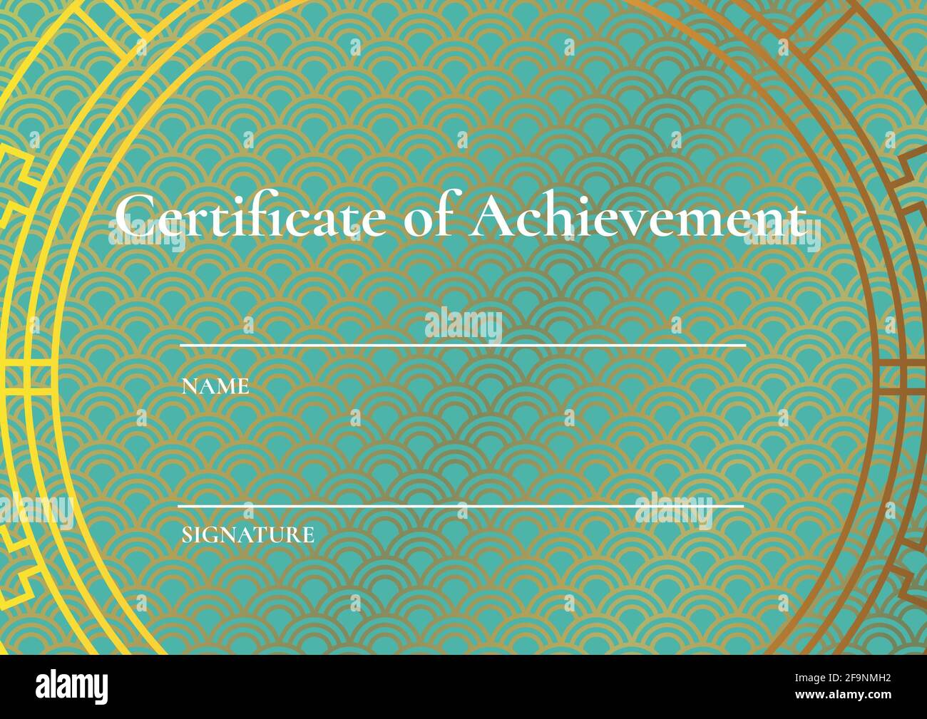 Testo certificato di realizzazione con righe bianche e spazio di copia in cornice rotonda su motivo oro Foto Stock