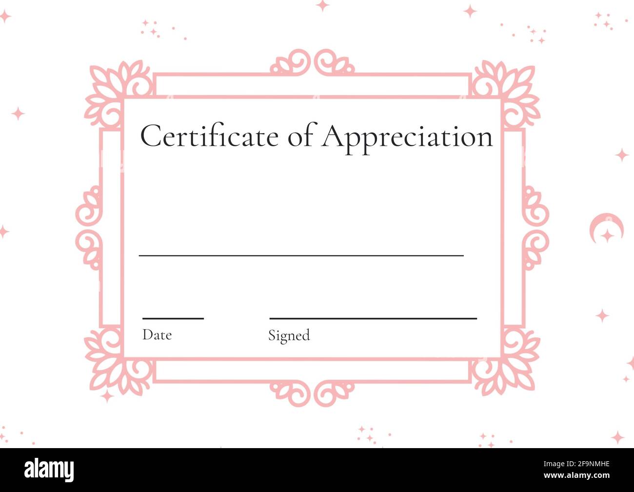 Certificato di riconoscimento con righe nere e spazio per la copia in cornice rosa su sfondo bianco Foto Stock