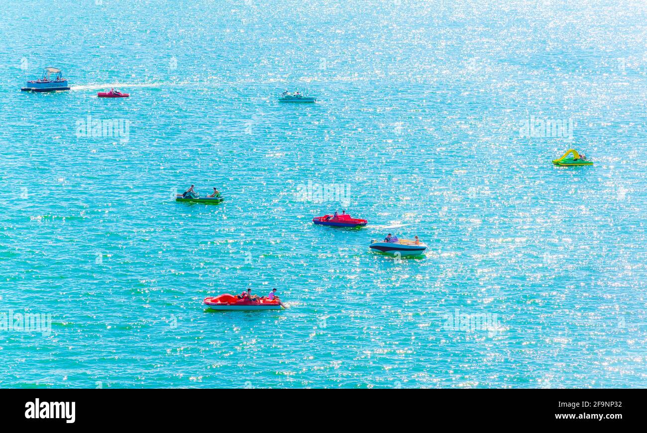 Vista aerea delle barche a pale vicino a friedrichshafen, Germania. Foto Stock