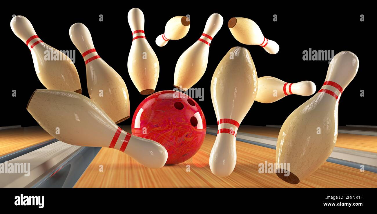 Piste da bowling e bowling. Rendering 3D Foto Stock