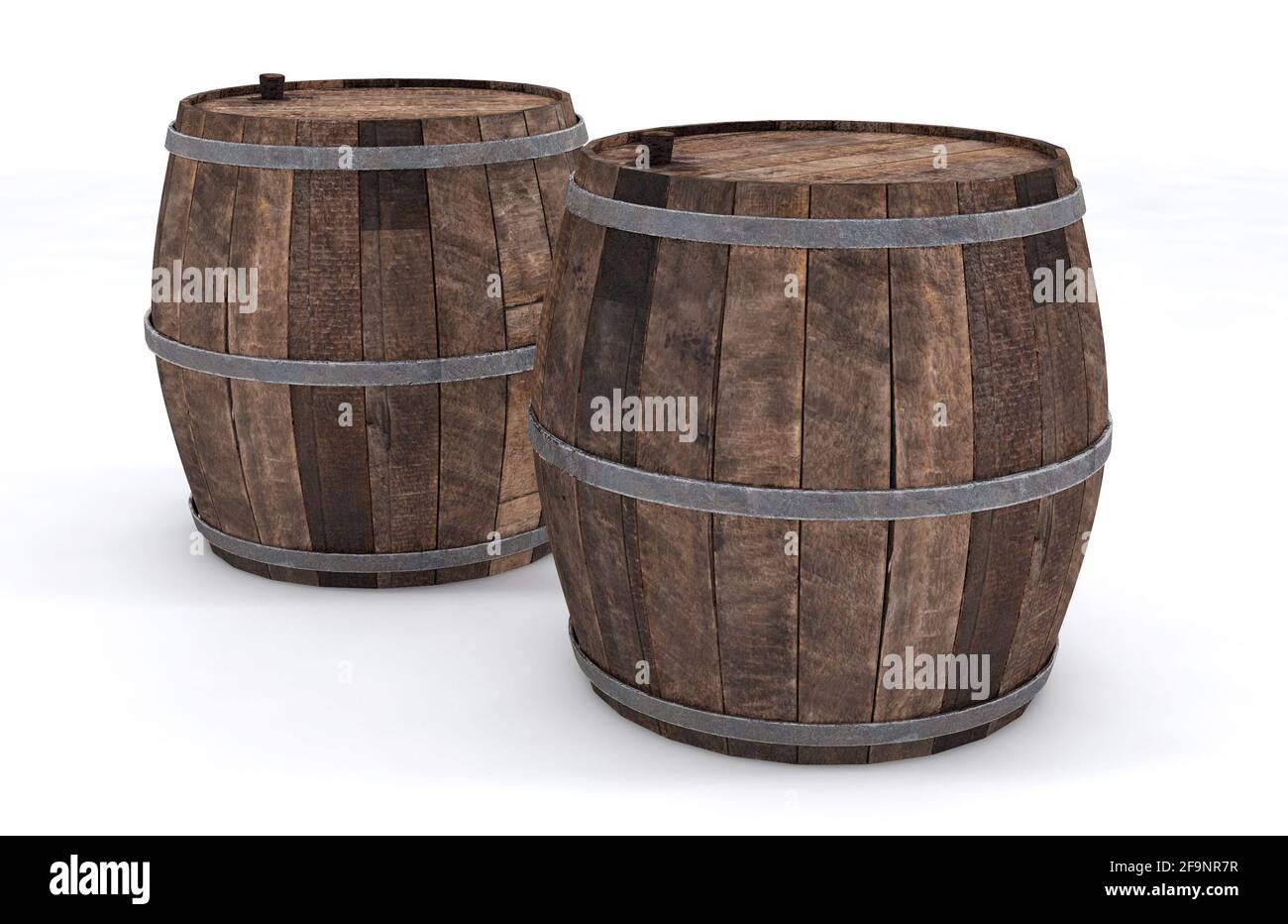 Botti di vino in legno su sfondo bianco. Rendering 3D Foto Stock