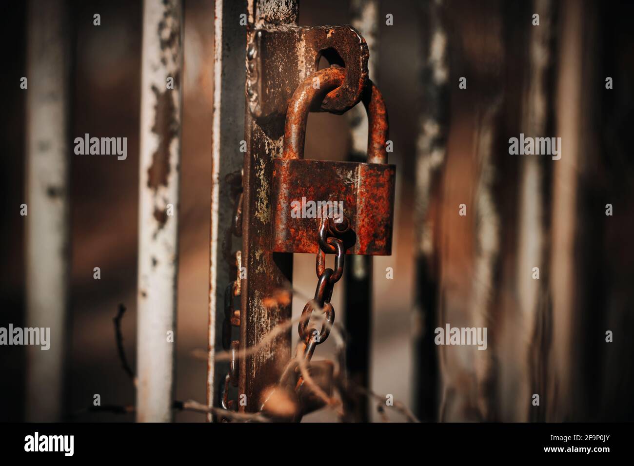 Un vecchio lucchetto in metallo arrugginito pende su un vecchio cancello abbandonato nel clima cupo dell'autunno. Spaventosamente. Foto Stock