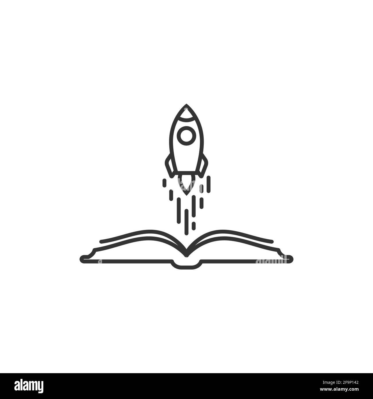 Apri il libro con la nave da razzo che vola fuori. Isolato su sfondo bianco. Immagine vettoriale in linea piatta. Logo del potere di lettura e apprendimento. Immaginazione, insp Illustrazione Vettoriale