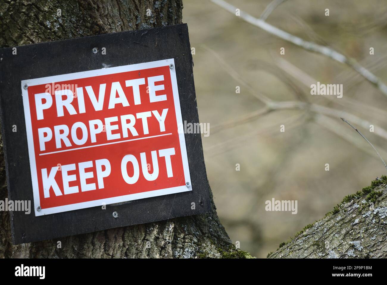 Cartello 'private property keep out' nel bosco del villaggio di Boughton Monchelsea, Kent, Regno Unito. Foto Stock
