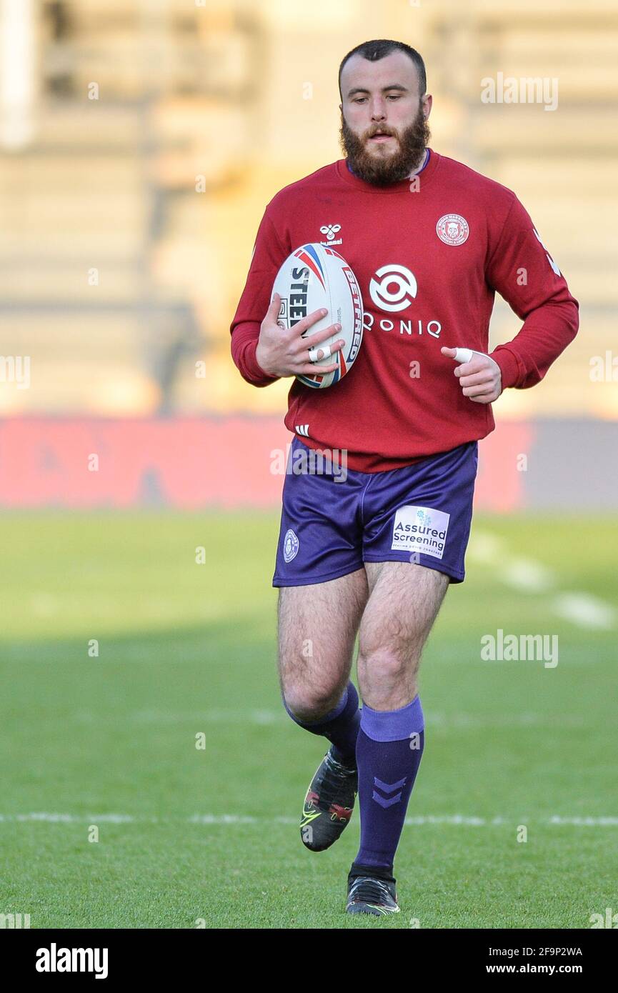 Leeds, England - 15 aprile 2021 - Jake Bibby di Warriors Wigan durante il  warm up nella Rugby League Betfred Super League Round 3 Leeds Rhinos vs  Wigan Warriors allo Stadio Emerald